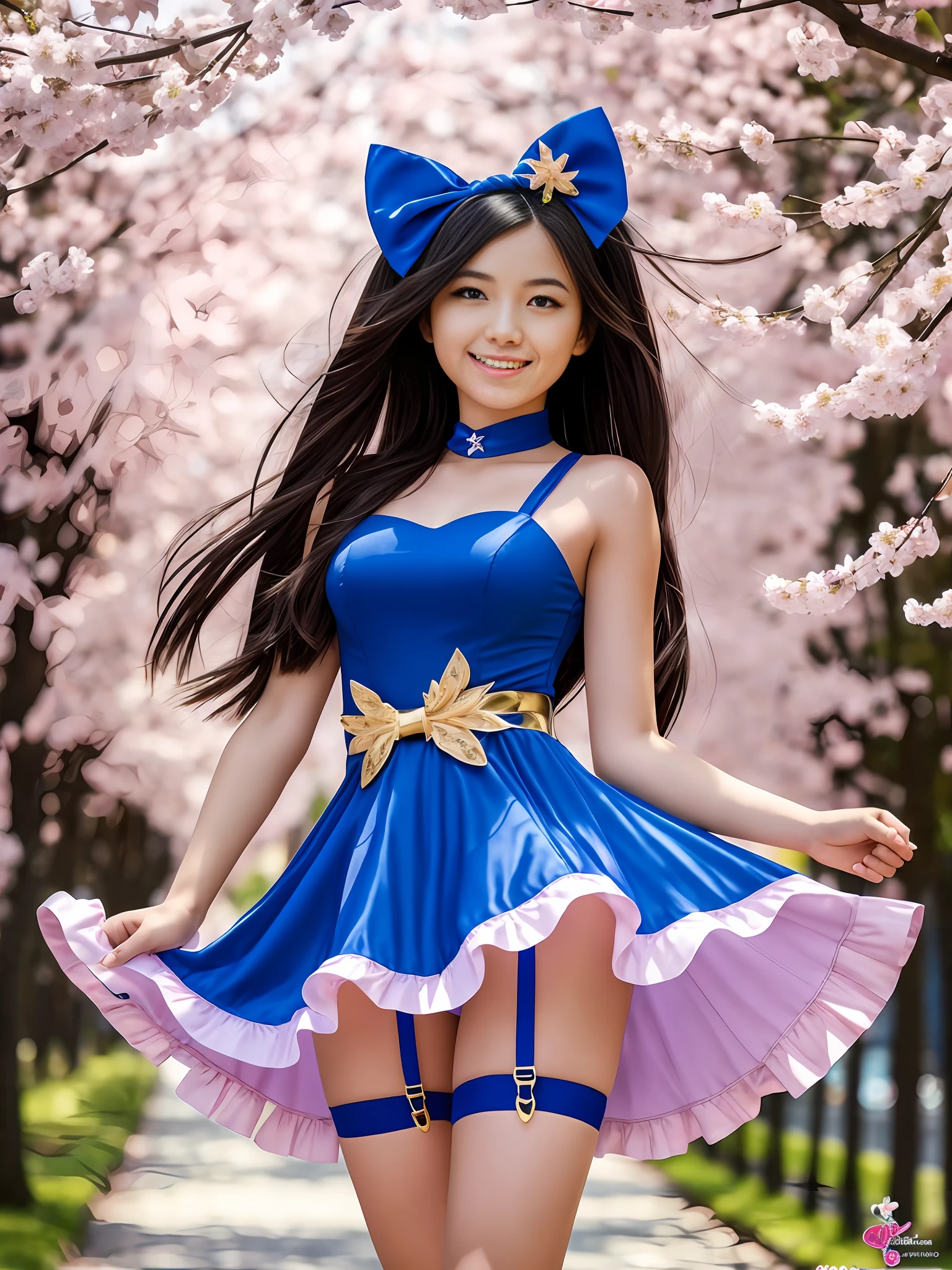 full shot, perfect female body with small ??????? and long legs with a narrow waist, european rapunzel girl with long hair who walks along the avenue with cherry blossoms on a sunny day, the girl is wearing a tight ultra-short dress with ???? cutouts on the side, appliqué patterns on a bright blue dress  in the form of pink sakura blossoms and the edges of the dress are decorated with a gold ribbon, the girl’s legs are dressed in black stockings with suspenders to the middle of the thighs in a mesh, beautiful graceful blue stilettos with pink bows are on her feet, the girl’s mood is playful ???????? and smiling looking at the camera, the girl’s eyes  bright blue color with large and long eyelashes with the shape of eyes slanted like a cat, facial features are the best with ideal proportions, the face is oval, the shooting angle is slightly lower, high definition, clear focus, artistic style, photorealistic, the back light of the sun illuminates the contours of the girl drawing a light outline  , front light soft, soft shadows, depth of field, beautiful bokeh, lens flare and flare, jerry gionis style, golden ratio, monocle photo lens, monocle style image, optical resolution photo matrix 100 megapixels with detailed detail, 16:9 --auto --s2