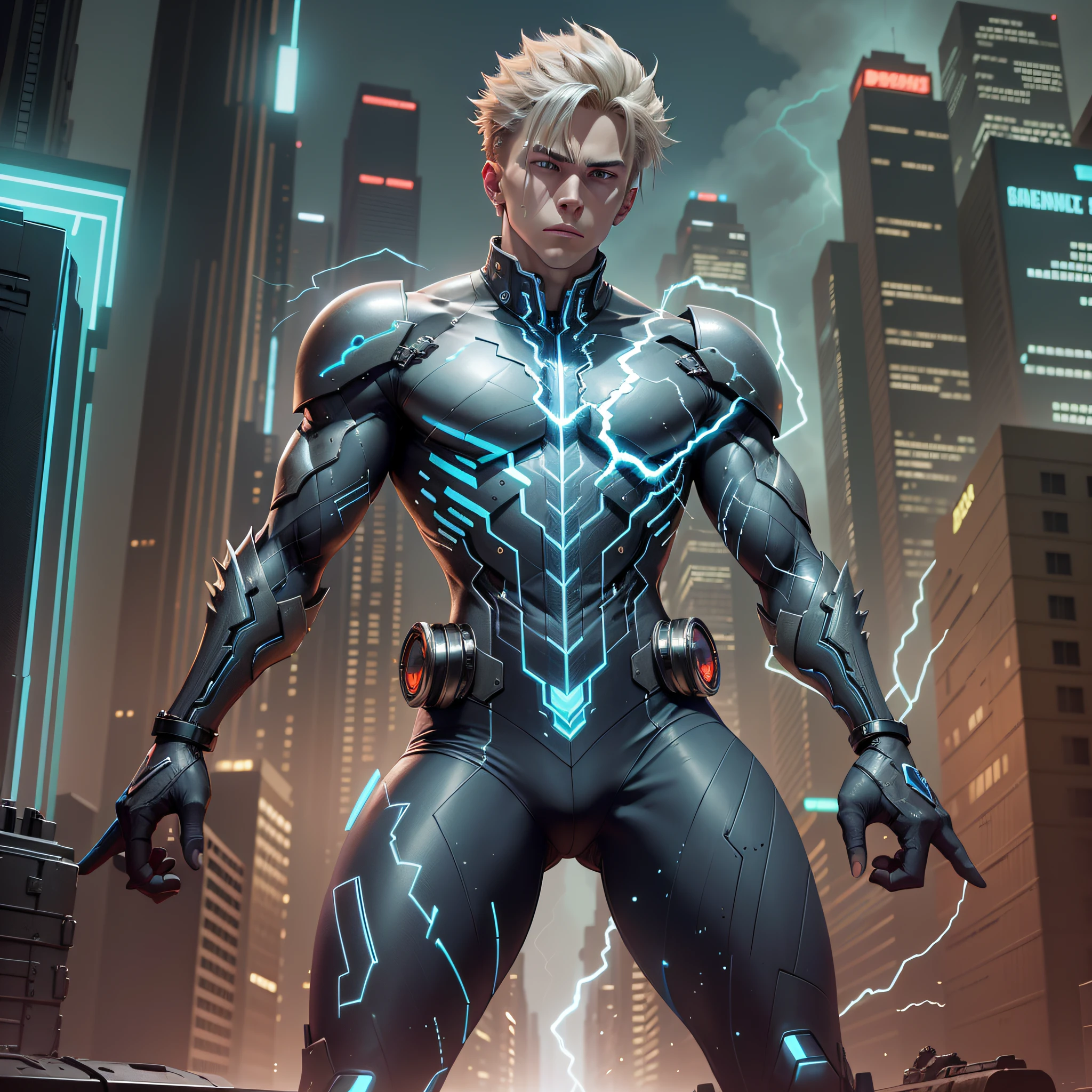 Blue Lightning, an impulsive young hero with control over electricity, faces an electrifying challenge. With spiky blonde hair and intense blue eyes, he wears a blue and silver suit, with gleaming details reminiscent of lightning. A powerful gang of tech criminals threatens to paralyze the city with their high-voltage devices. Blue Lightning must use his ability to generate and control electricity to neutralize the threat, thwarting the gang's plans and protecting the citizens. However, he will need to learn to control his impulsivity and utilize his skills wisely to meet this challenge. --auto --s2