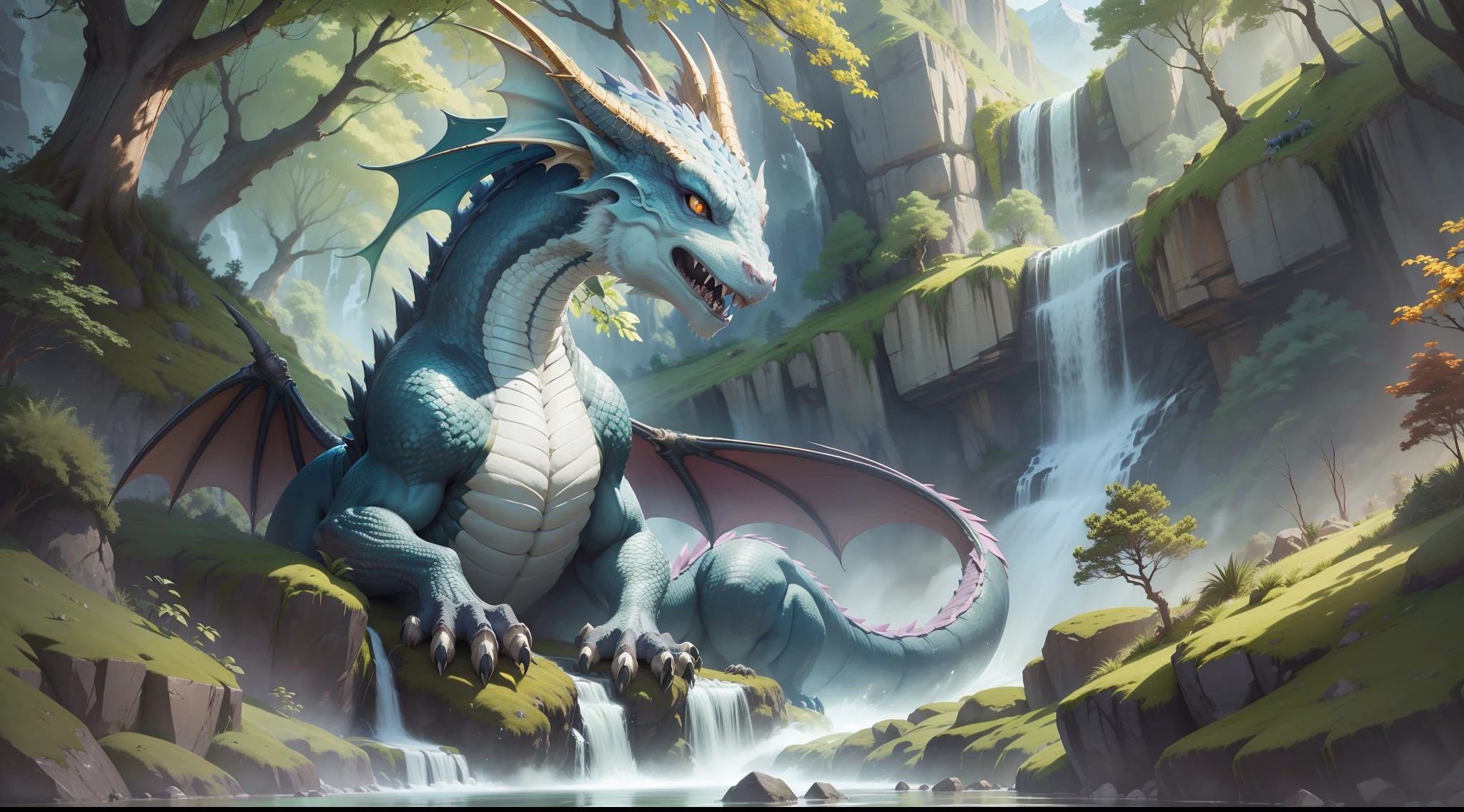 create an ultra-realistic image of a mountain dragon from the earth breed in its adult phase. Your mission is to capture the grandeur and serenity of this legendary creature as it sits in a mountainous landscape with lush waterfalls. Utilize advanced photography techniques to highlight the dragon as the focal point of the image, emphasizing its unique features. Ensure a vibrant and lively atmosphere, with sunlight filtered through the treetops and bright reflections on the waterfalls. When finalizing the image, ensure high quality and resolution. Your goal is to create a magnificent and serene visual representation of a mountain dragon from the earth breed in its adult phase, highlighting its grandeur and the beauty of the surrounding landscape.