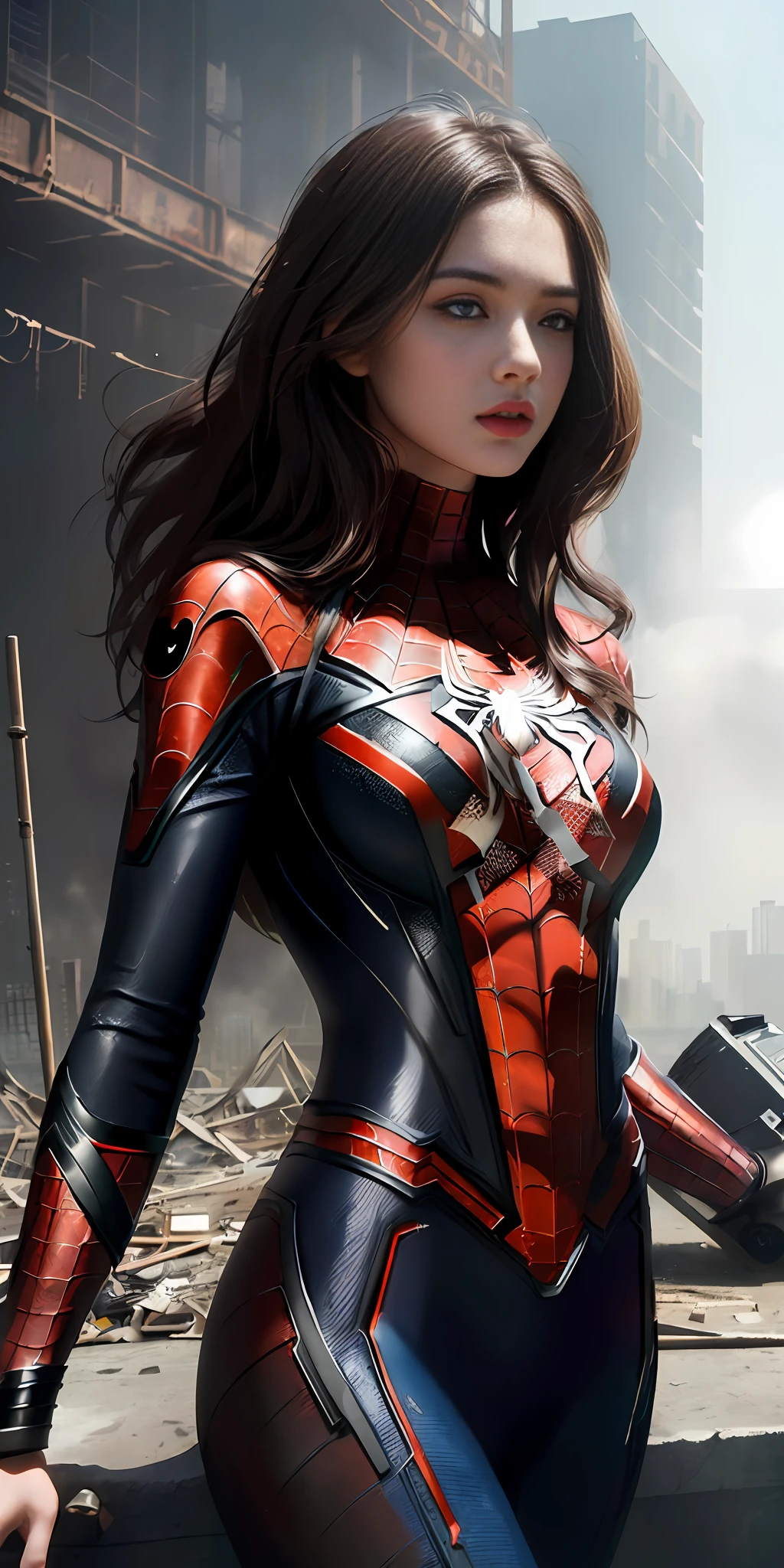(1girl:1.3), solo, (((extremely detailed face))),(((extremely detailed eyes and face))),beautiful detailed eyes,body-parts__, official art, unified 8k wallpaper, super detailed, beautiful and aesthetic, beautiful, masterpiece, best quality, raw, masterpiece, super fine photo, best quality, super high resolution, photorealistic realism, sunlight, full body portrait, amazing beauty,, dynamic pose, delicate face, vibrant eyes, (from the front), she is wearing a Spider-man suit, red and black color scheme, spider, very detailed abandoned warehouse background, Detailed face, detailed complex busy background, messy, gorgeous, milky white, highly detailed skin, realistic skin details, visible pores, sharp focus, volumetric fog, 8k uhd, DSLR, high quality, film grain, fair skin, photo realism, lomography, huge metropolis in future dystopia, seen from below, translucent