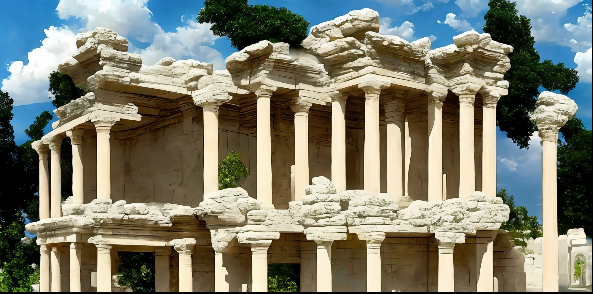 Create a horizontal rectangular icon with a 1:1.5 aspect ratio in the classic style. The logo must feature a Roman temple with four columns placed below the roof. The roof should have an obvious center circle. Temple colors should be gold and light blue. Also, the image should convey the feeling of a radiant white aura coming out of the temple with glowing effects. Filled remaining background with white color