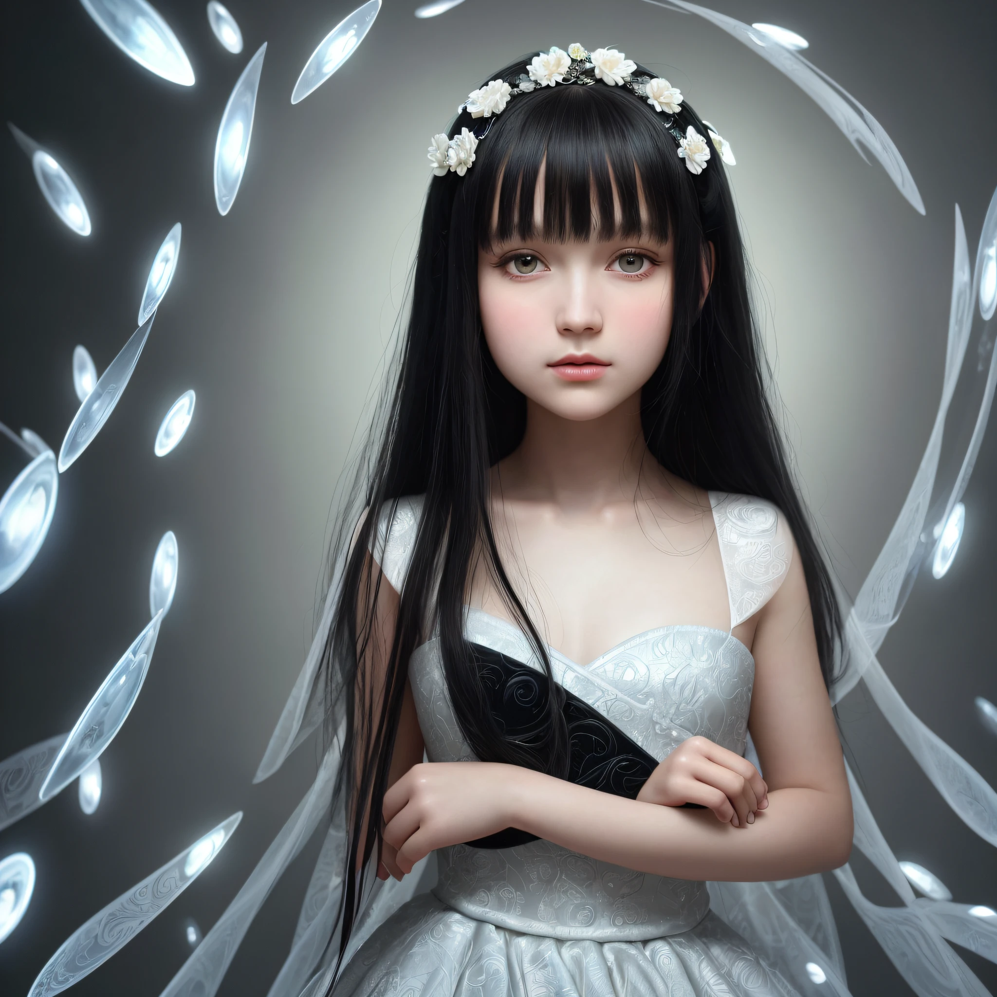 Milenka Mikhailova, (masterpiece), realistic, (portrait of a girl),(black hair) beautiful face, sunlight, cinematic light, bangs, beautiful woman, beautiful eyes, short black hair, perfect anatomy, very beautiful, princess eyes, (black eyes), (frame head), centered, stylized, bioluminescence, 8k resolution, white dress neckline with small blue details, human hands, full of wonder, elegant, approaching perfection, dynamic, highly detailed, character sheet, concept art, smooth, looking directly at the viewer positioned so that their body is symmetrical and balanced, incredibly beautiful, detailed short black hairstyle with bangs