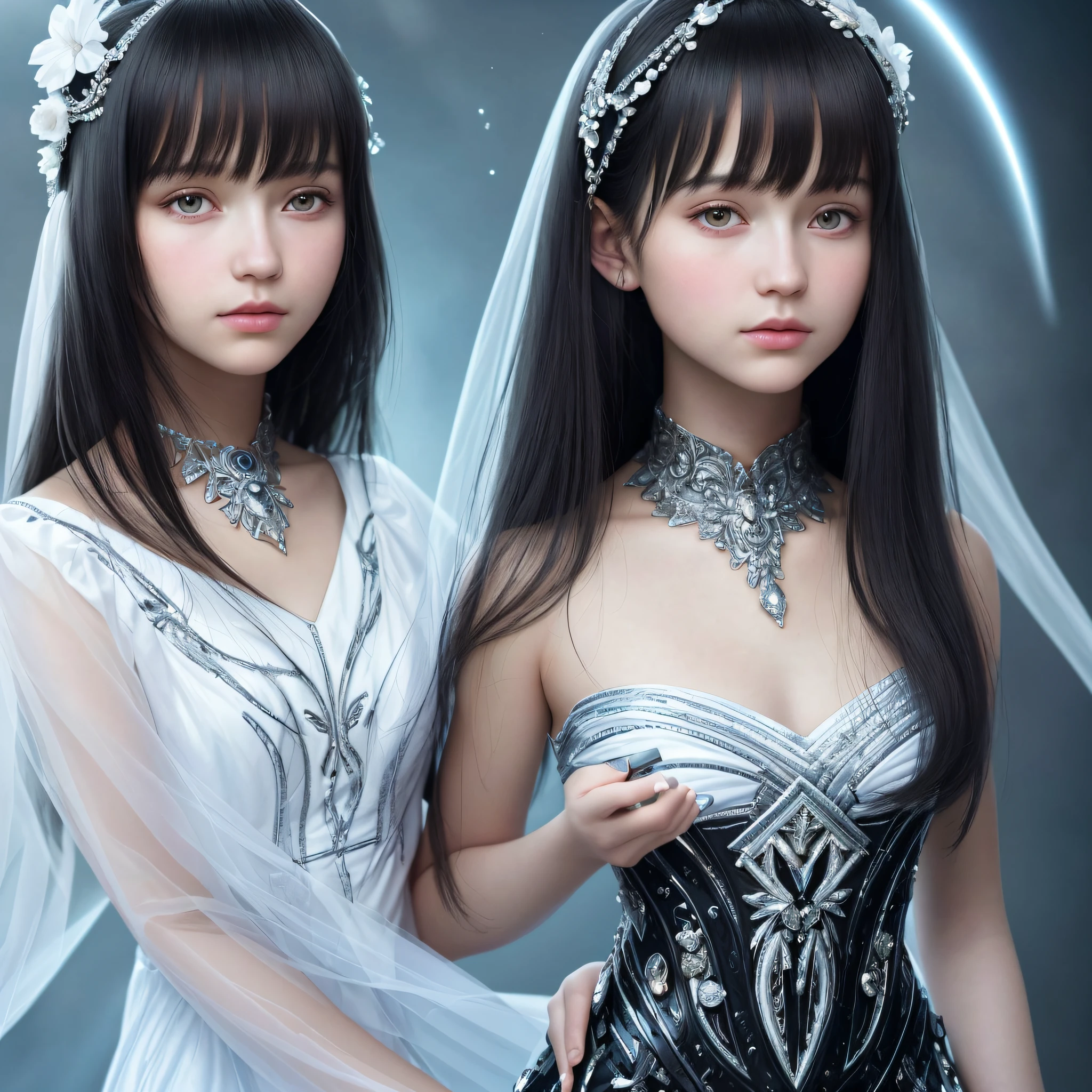 Milenka Mikhailova, (masterpiece), realistic, (portrait of a girl),(black hair) beautiful face, sunlight, cinematic light, bangs, beautiful woman, beautiful eyes, short black hair, perfect anatomy, very beautiful, princess eyes, (black eyes), (frame head), centered, stylized, bioluminescence, 8k resolution, white dress neckline with small blue details, human hands, full of wonder, elegant, approaching perfection,  dynamic, highly detailed, character sheet, concept art, smooth, looking directly at the viewer positioned so that their body is symmetrical and balanced, incredibly beautiful, detailed short black hairstyle with bangs
