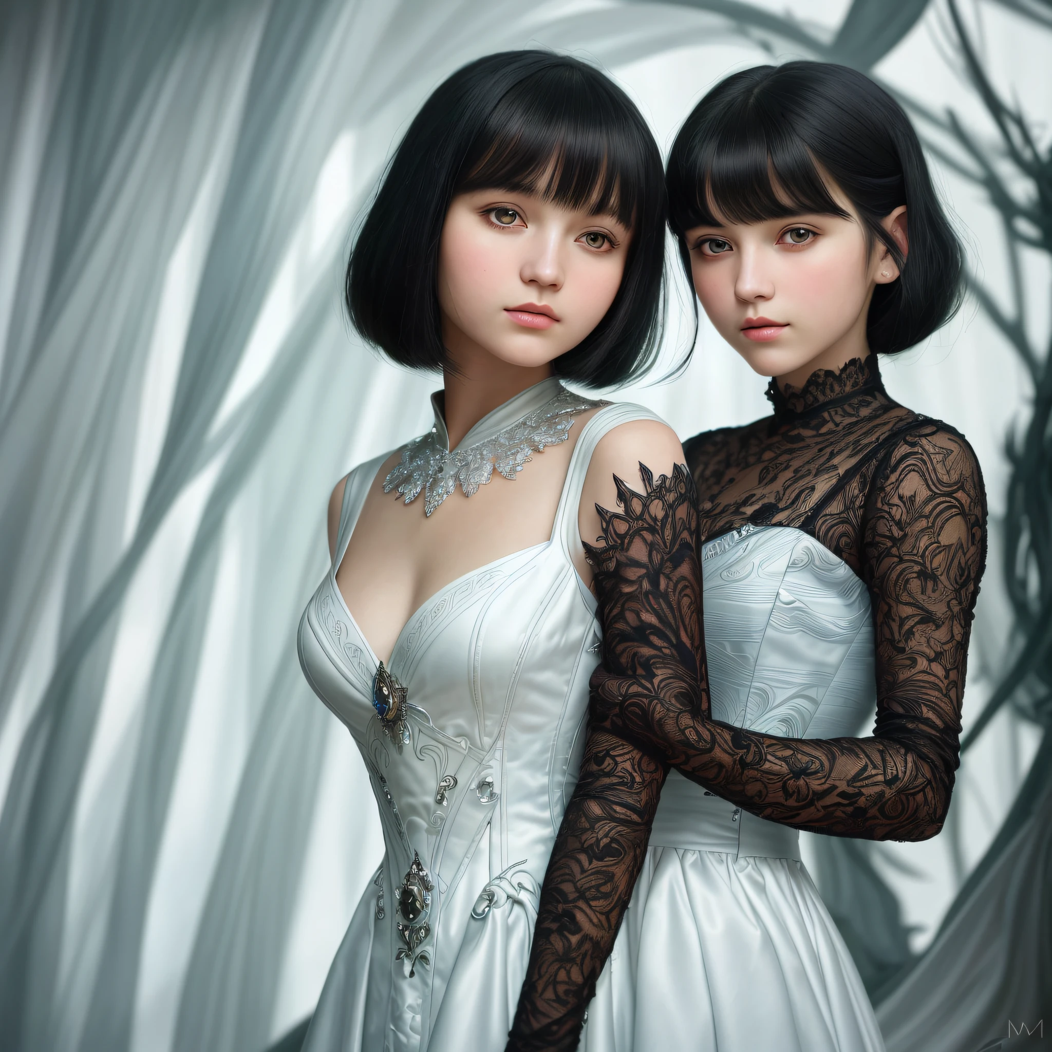 Milenka Mikhailova, (masterpiece), realistic, (portrait of a girl),(black hair) beautiful face, sunlight, cinematic light, bangs, beautiful woman, beautiful eyes, short black hair, perfect anatomy, very beautiful, princess eyes, (black eyes), (frame head), centered, stylized, bioluminescence, 8k resolution, white dress neckline with small blue details, human hands, full of wonder, elegant, approaching perfection, dynamic, highly detailed, character sheet, concept art, smooth, looking directly at the viewer positioned so that their body is symmetrical and balanced, incredibly beautiful, detailed short black hairstyle with bangs