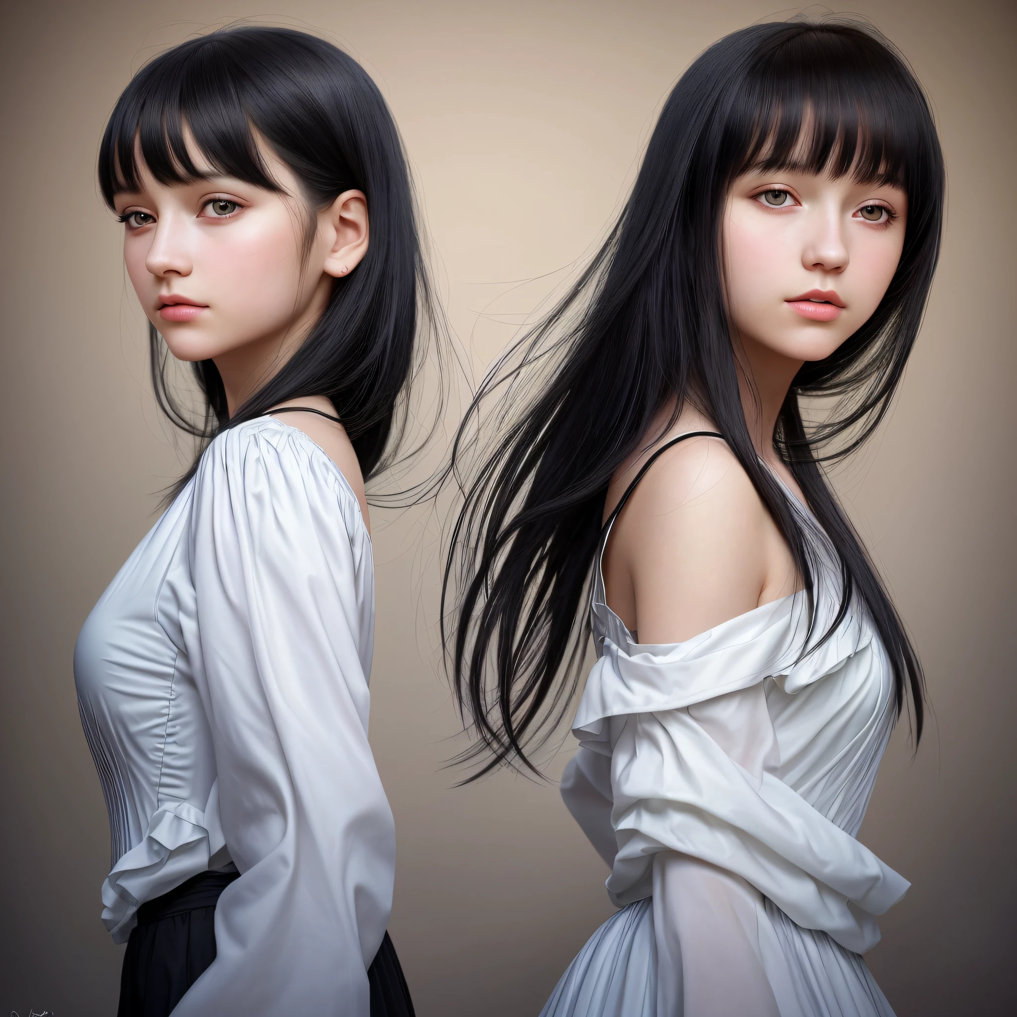 Milenka Mikhailova, (masterpiece), realistic, (portrait of a girl),(black hair) beautiful face, sunlight, cinematic light, bangs, beautiful woman, beautiful eyes, short black hair, perfect anatomy, very beautiful, princess eyes, (black eyes), (frame head), centered, stylized, bioluminescence, 8k resolution, white dress neckline with small blue details, human hands, full of wonder, elegant, approaching perfection, dynamic, highly detailed, character sheet, concept art, smooth, looking directly at the viewer positioned so that their body is symmetrical and balanced, incredibly beautiful, detailed short black hairstyle with bangs