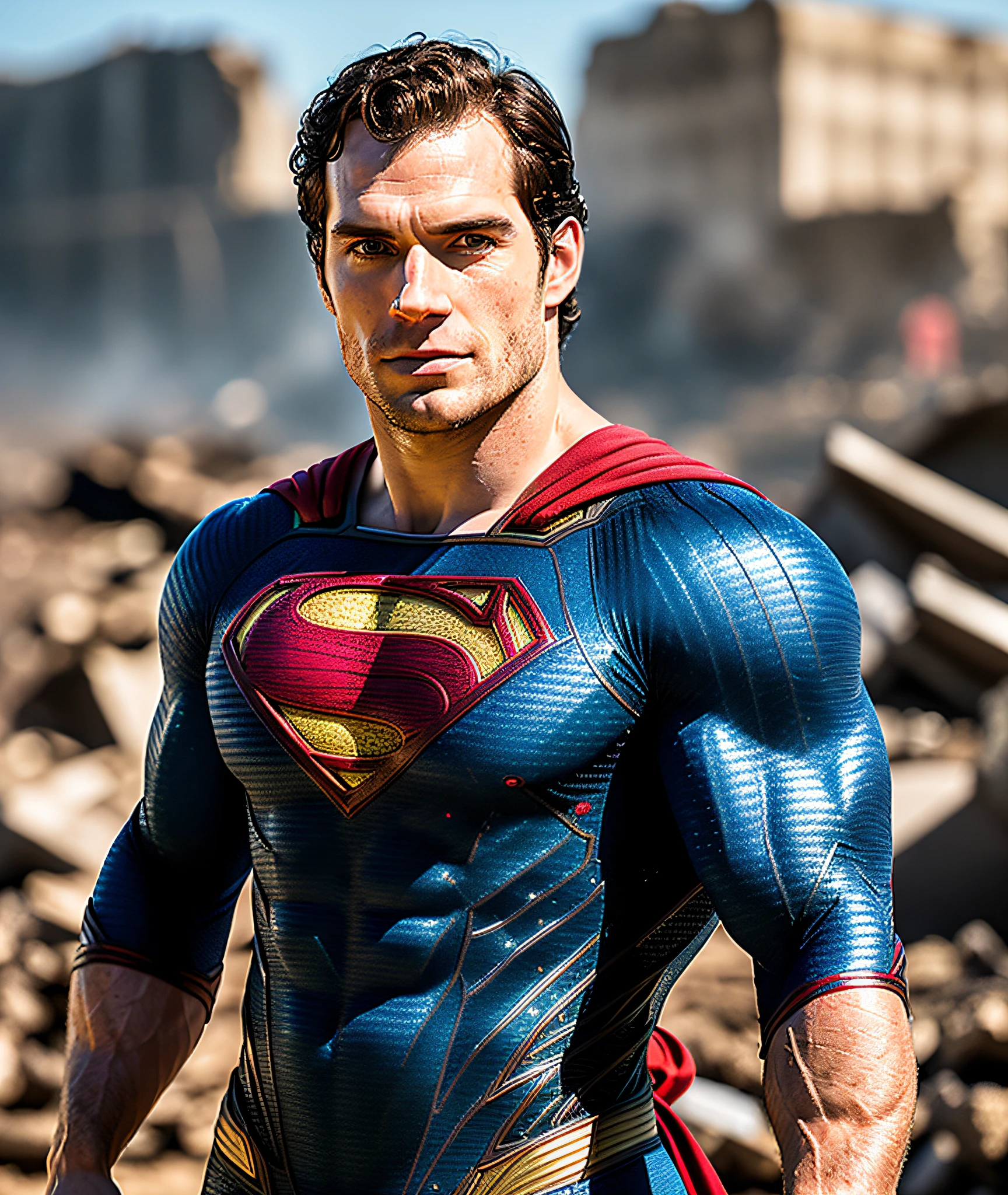 Photo of Henry cavill is superman , superhero, upper body,cinematic, movie, grain movie (2023s)1boy, building destroyed , realistic , (8k, RAW photo, best quality, masterpiece:1.2), (realistic, photo-realistic:1.33), best quality, detailed eyes blue, cute,natural lighting, depth of field, film grain, wrinkled skin, sharp