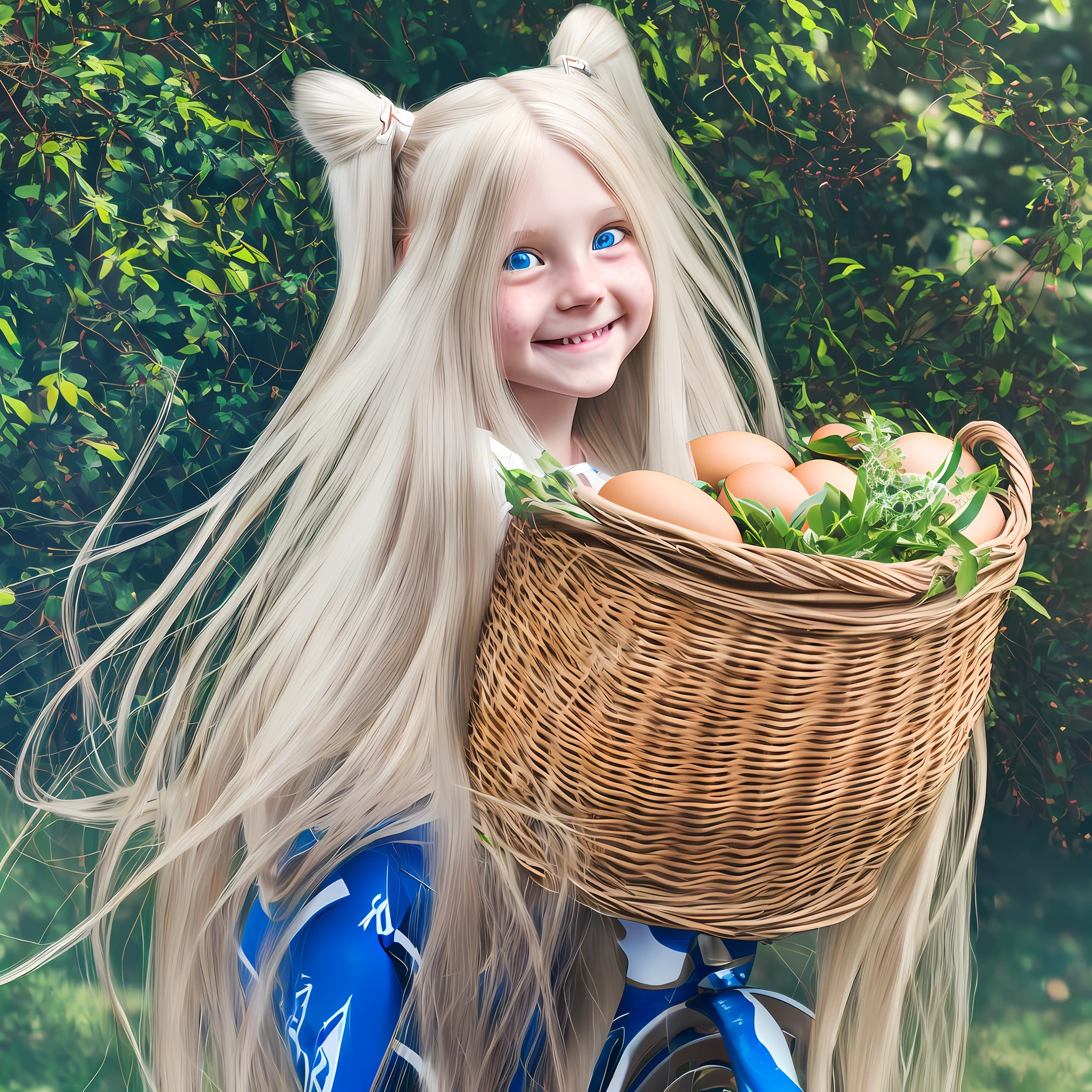 1 girl, white skin, ((long hair):1.3), young, bright blue eyes, thick eyebrows, freckles on the skin, head tilted, one ear out, smiling, teeth out, engraving, high detail, 8k, bicycle with basket of eggs. --auto --s2