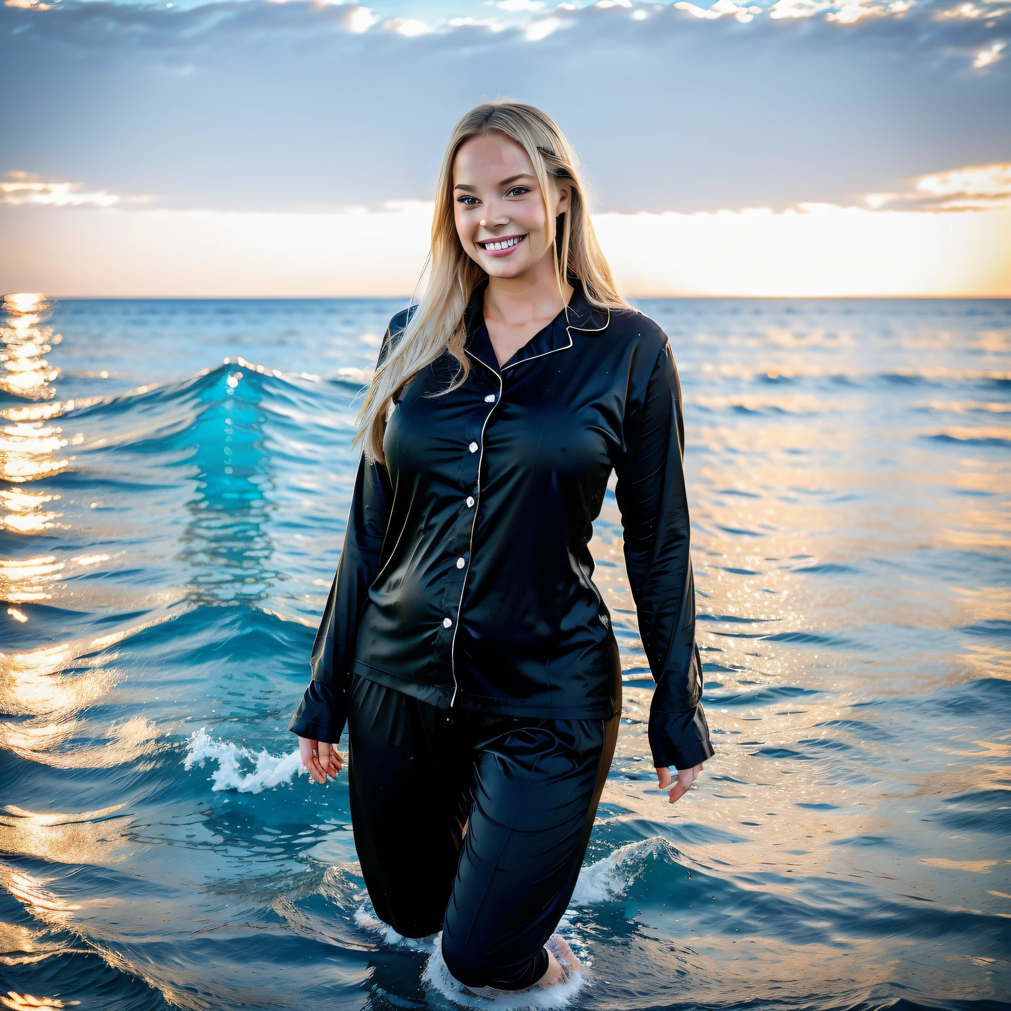 A beautiful norwegian beach on beautiful summer afternoon. A beautiful chubby smily woman with wide open eyes is swimming in the water. We can see her face and long wet pajama. She is swimming towards me. She is wearing a silky black long pajama with long sleeves.. She has long wet blonde hair with fall in. Ancle length