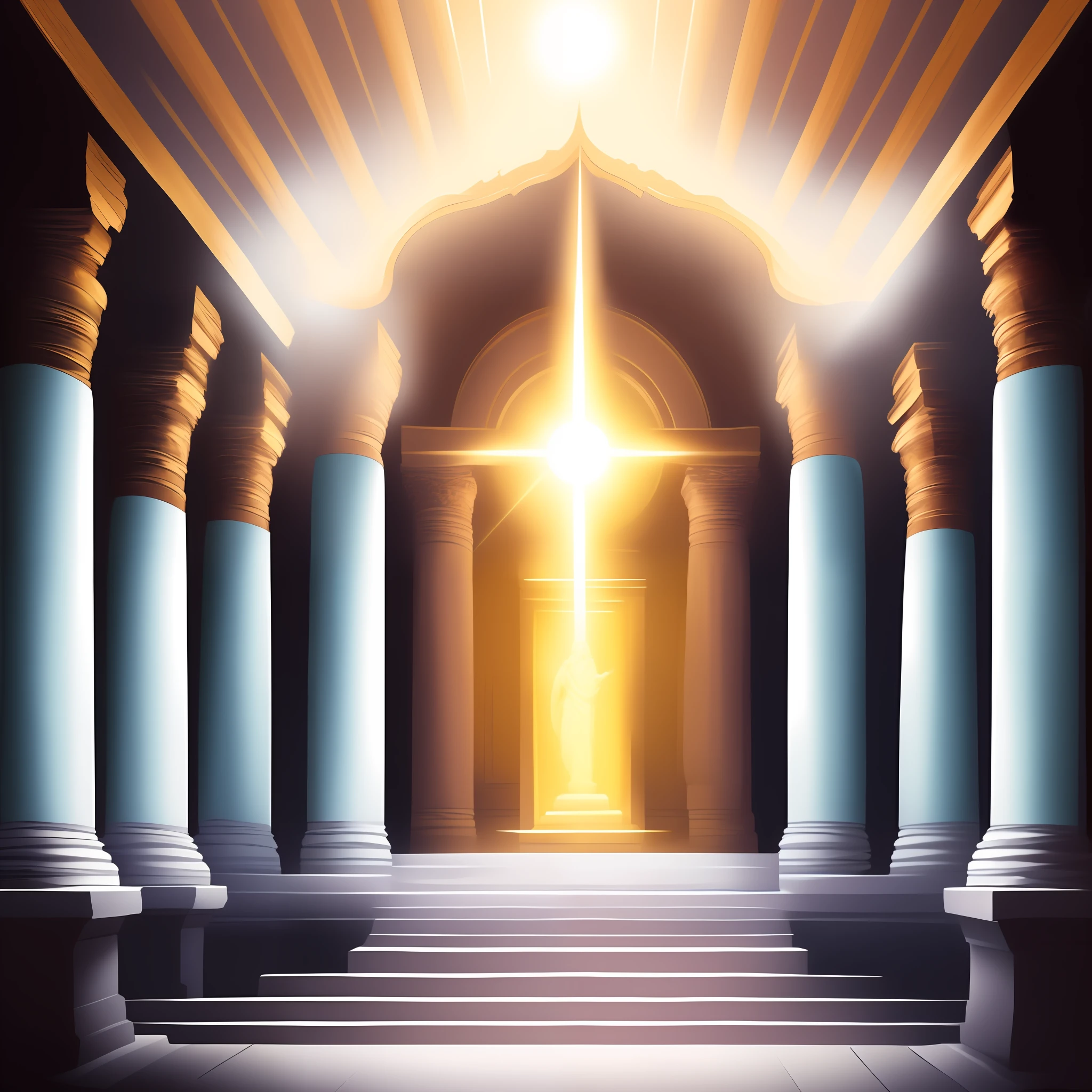 Create a horizontal rectangular logo with 1:1.7 aspect ratio in classic style. The logo must feature a Roman temple with four columns placed below the roof. The roof should have an obvious center circle. The colors of the temple should be gold and light blue. In addition, the image should convey the feeling of a radiant white aura coming out of the temple with glowing effects. Filled the remaining background with white color
