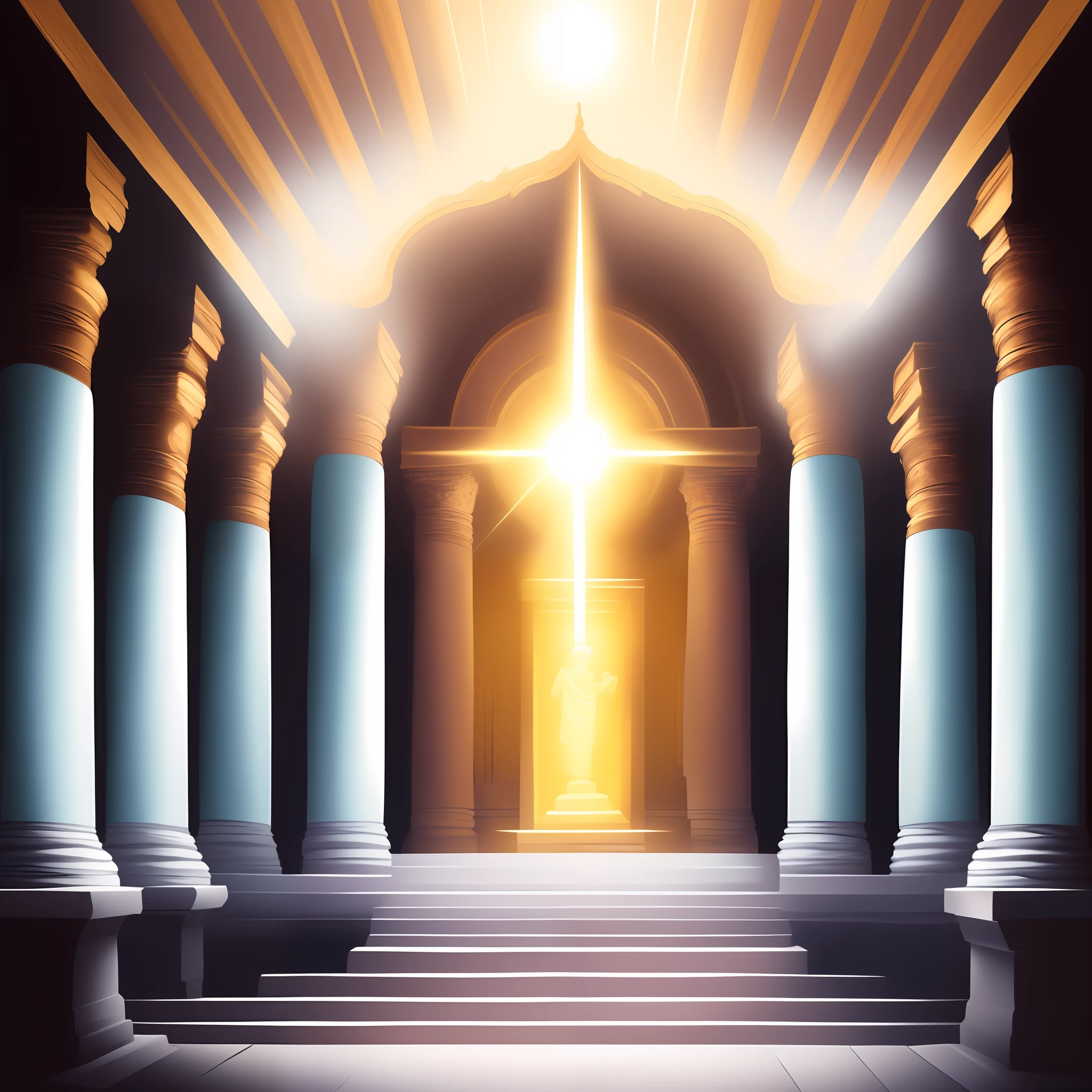 Create a horizontal rectangular logo with 1:1.7 aspect ratio in classic style. The logo must feature a Roman temple with four columns placed below the roof. The roof should have an obvious center circle. The colors of the temple should be gold and light blue. In addition, the image should convey the feeling of a radiant white aura coming out of the temple with glowing effects. Filled the remaining background with white color