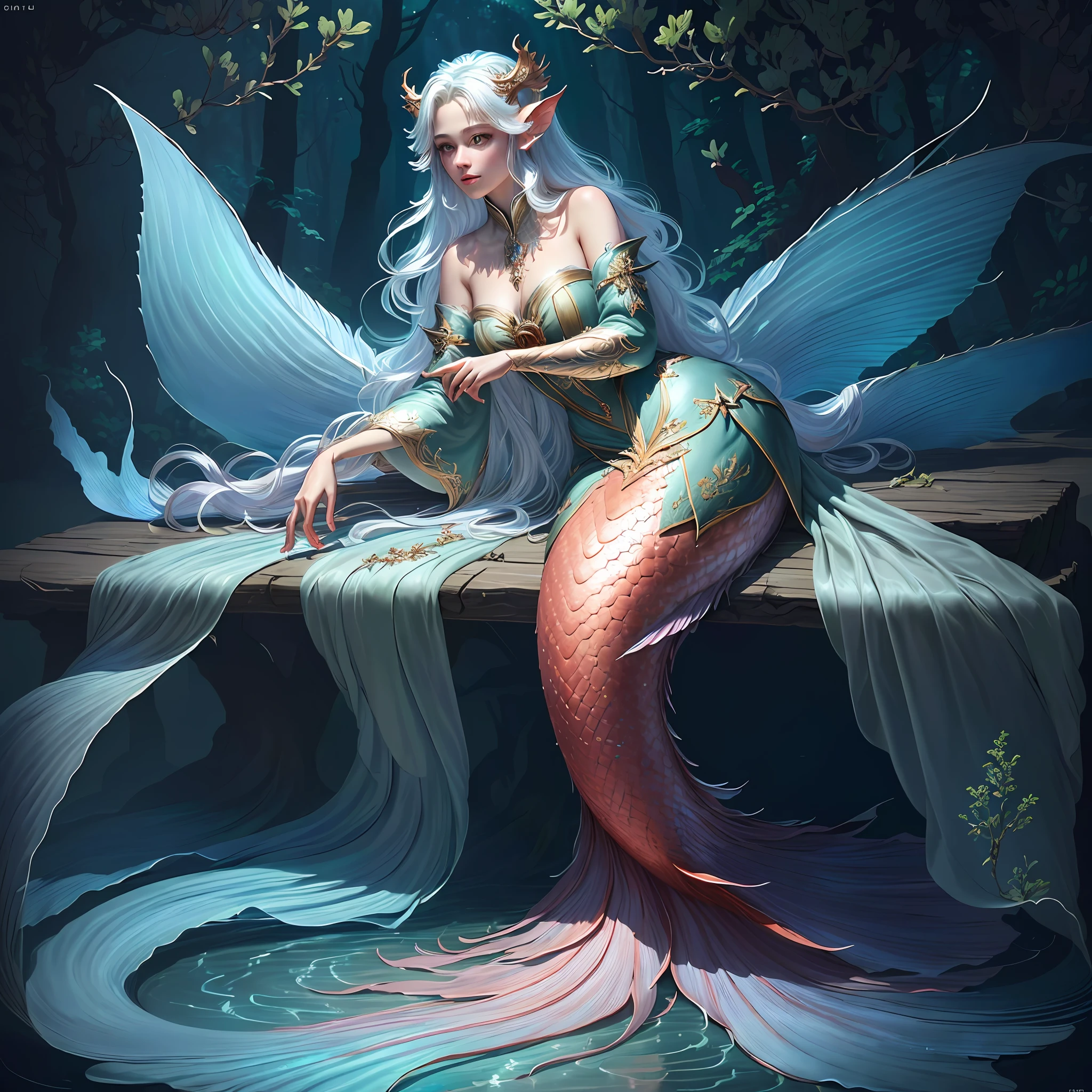 Masterpiece, best quality, (very detailed CG unified 8k wallpaper), (best quality), (best illustration), (best shadow), realistic lighting, full body shot, mermaid portrait, fish fin ears, intricate, elegant, very detailed, handsome, very detailed, claws, in the forest, blood, rags, beautiful face, dreamy, medieval, beautiful detailed light