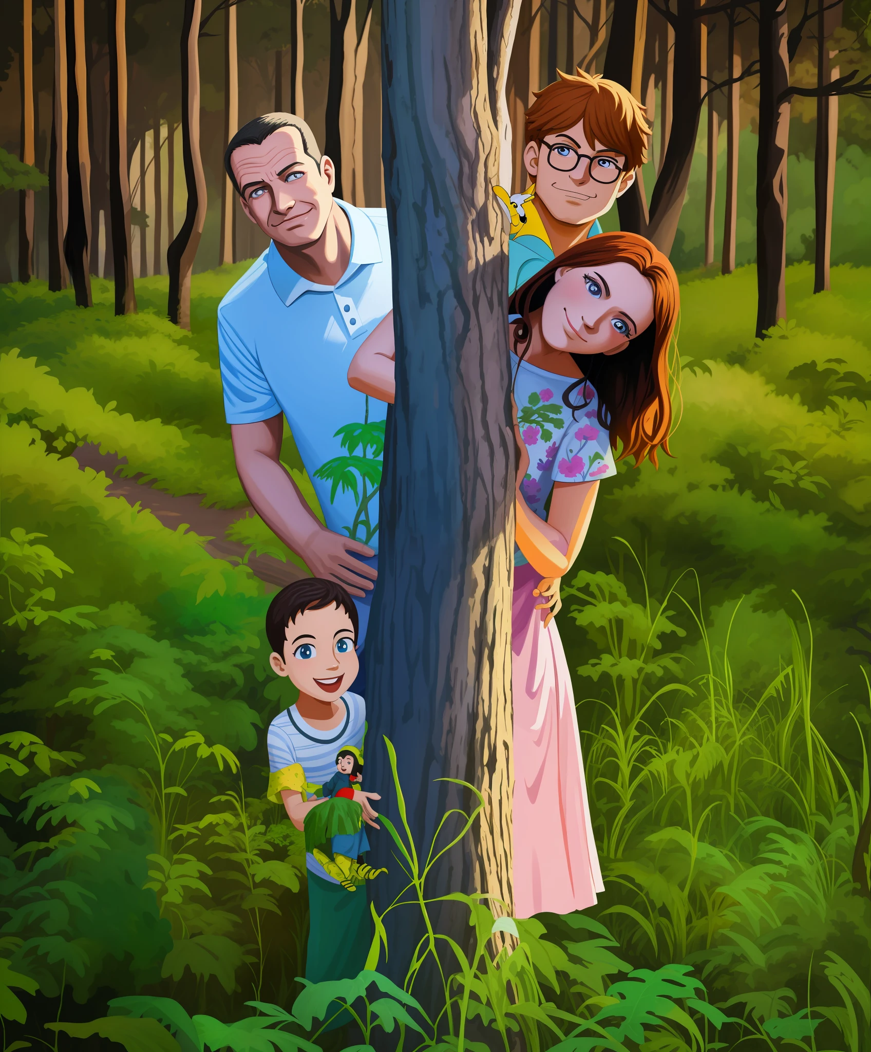painting of a family standing in a forest with a tree, cartoon digital painting, digital cartoon painting art, cartoon digital art, cartoon art, digital art!!, family portrait, tree's, digtial painting, digital art cartoon, enviromental portrait, cartoon painting, photorealistic!!!!!!! art style, [ digital art ]!!, acrylic art