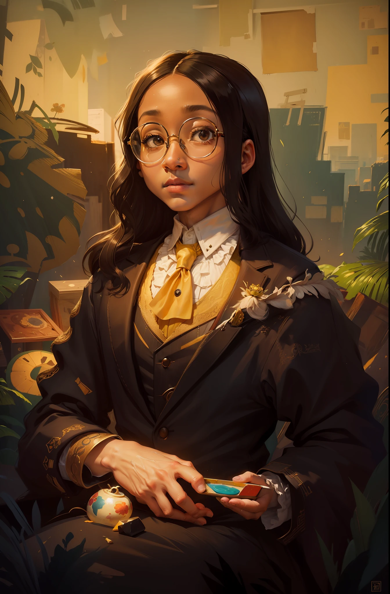 A black boy, round glasses, suit, painter, tea, painting, happy, perfect quality, clear focus (clutter - house: 0.8), (masterpiece: 1.2) (realistic: 1.2)(best quality) (detailed skin: 1.3) (intricate details) (8K) (detail eyes) (sharp focus), full body, character concept., yellow outfit, 2d, he is sitting, Monalisa pose, monalisa da vinci style, da vinci, monalisa