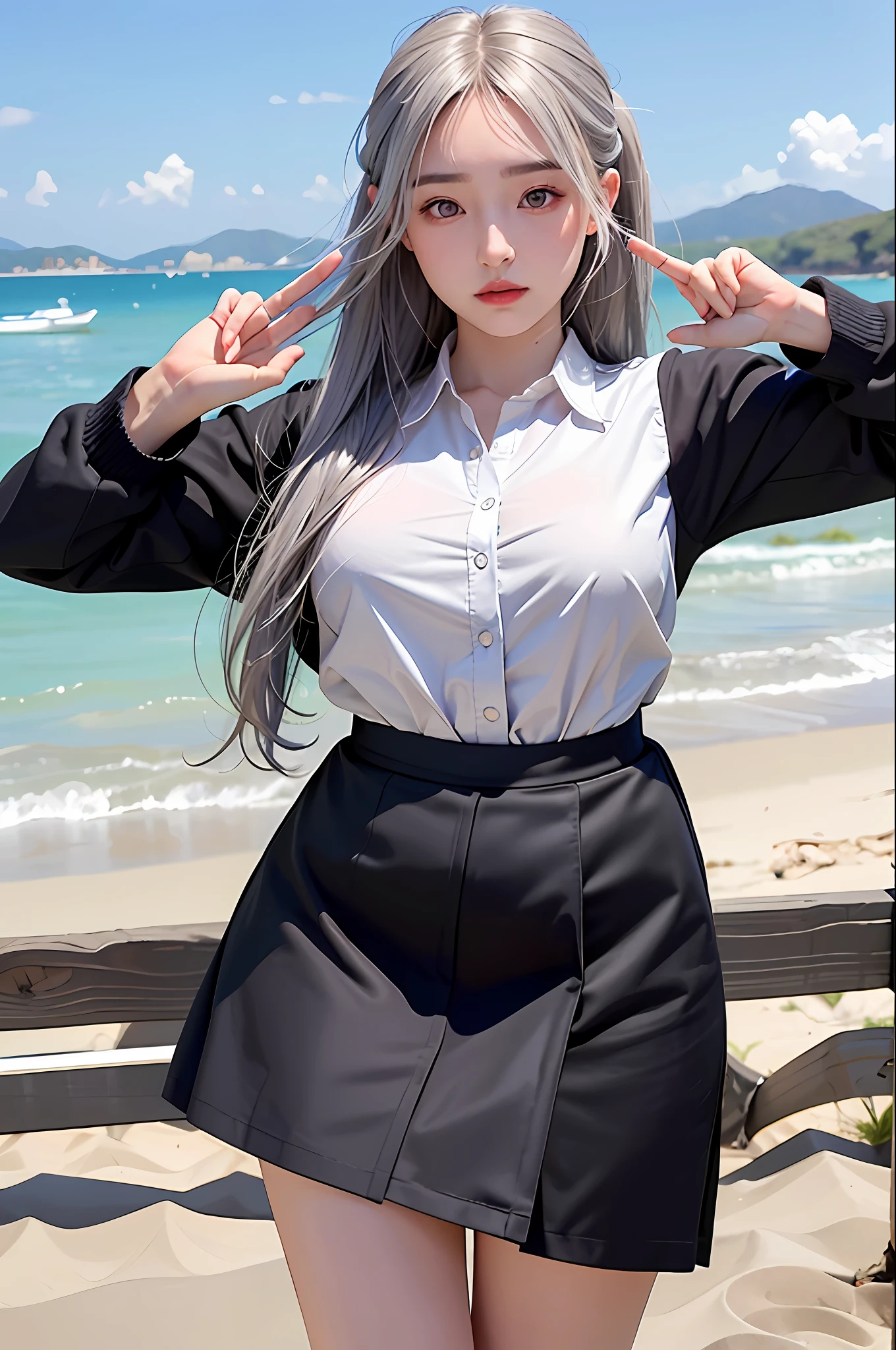 photorealistic, high resolution, 1 girl, gray hair, korean, heterochromic eyes, small moles under eyes, big, blonde, beach, outdoor, one side up, huza, black skirt, wharf, school uniform, 25 years old