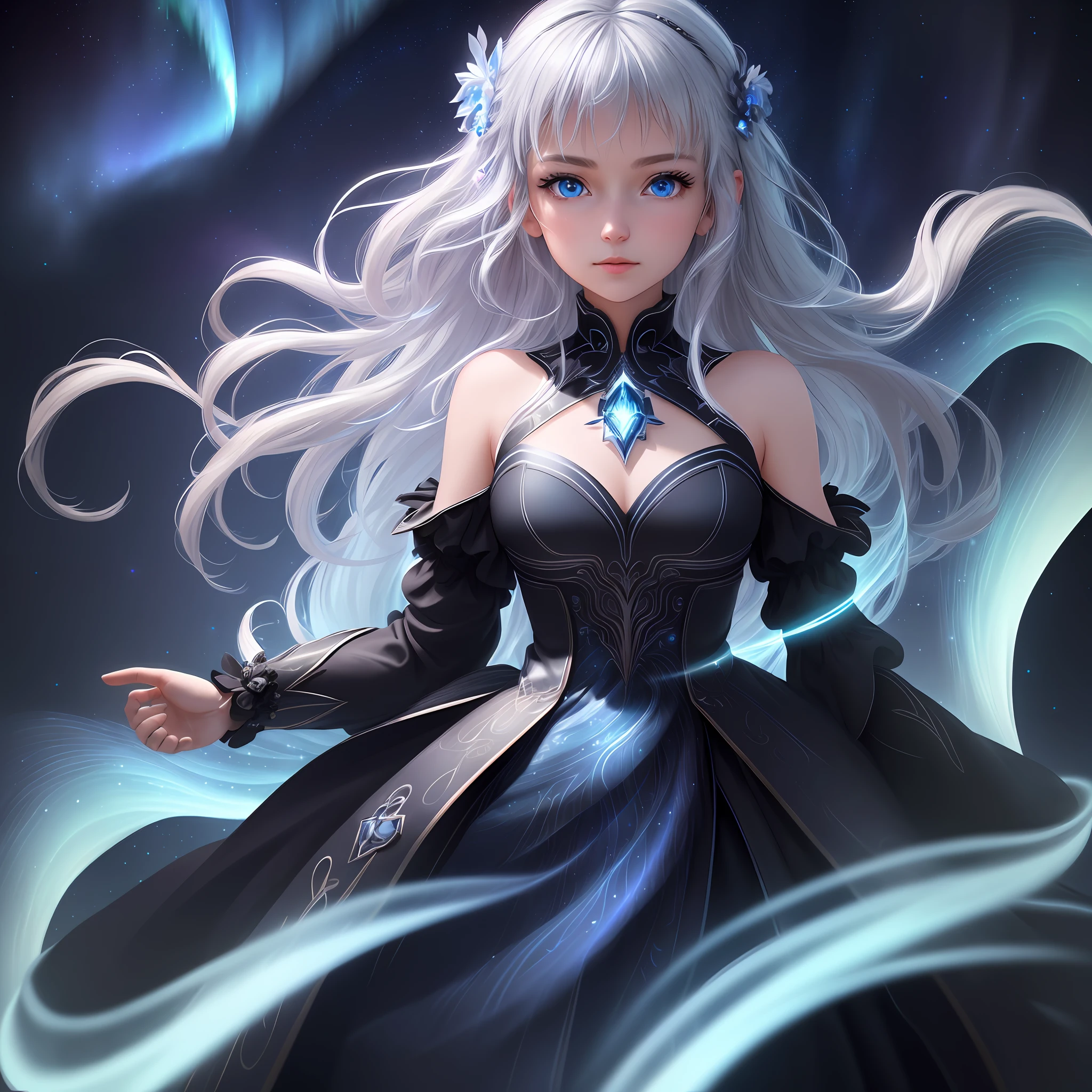 (extremely detailed CG unity 8k wallpaper,masterpiece, ultra-detailed),(best illumination, an extremely delicate and beautiful),floating,high resolution,wide angle,(1girl), blue eyes,silver hair, black dress,glowing effects,night sky,stars,aurora borealis,vibrant colors.