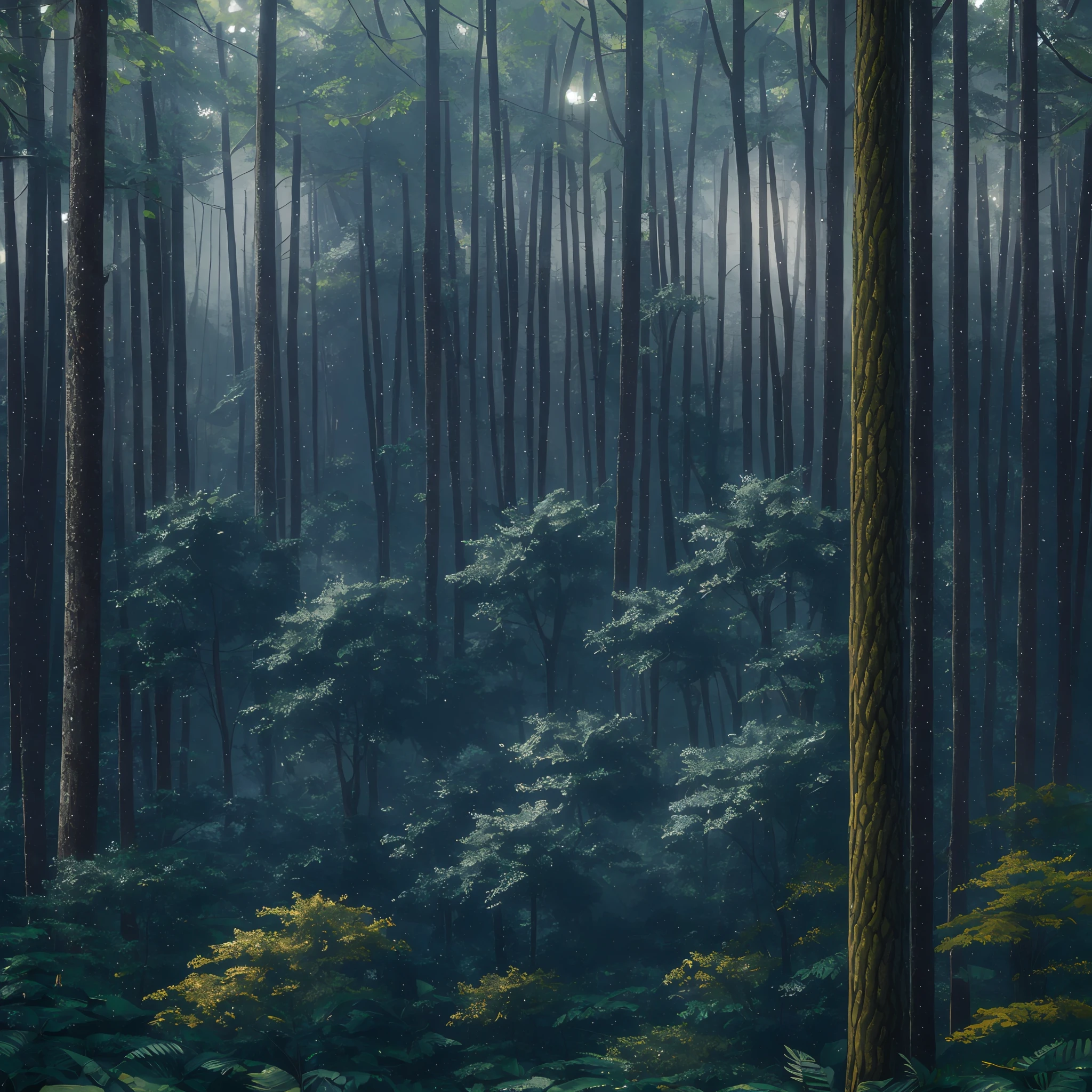 A dense forest in the midst of a heavy nighttime downpour, with raindrops cascading down the trees and thunder rumbling in the distance, masterpiece, best quality, high quality, extremely detailed CG unity 8k wallpaper, oil paiting, award winning photography, Bokeh, Depth of Field, HDR, bloom, Chromatic Aberration ,Photorealistic,extremely detailed, trending on artstation, trending on CGsociety, Intricate, High Detail, dramatic, art by midjourney, (volumetric lighting:1.2) --auto --s2