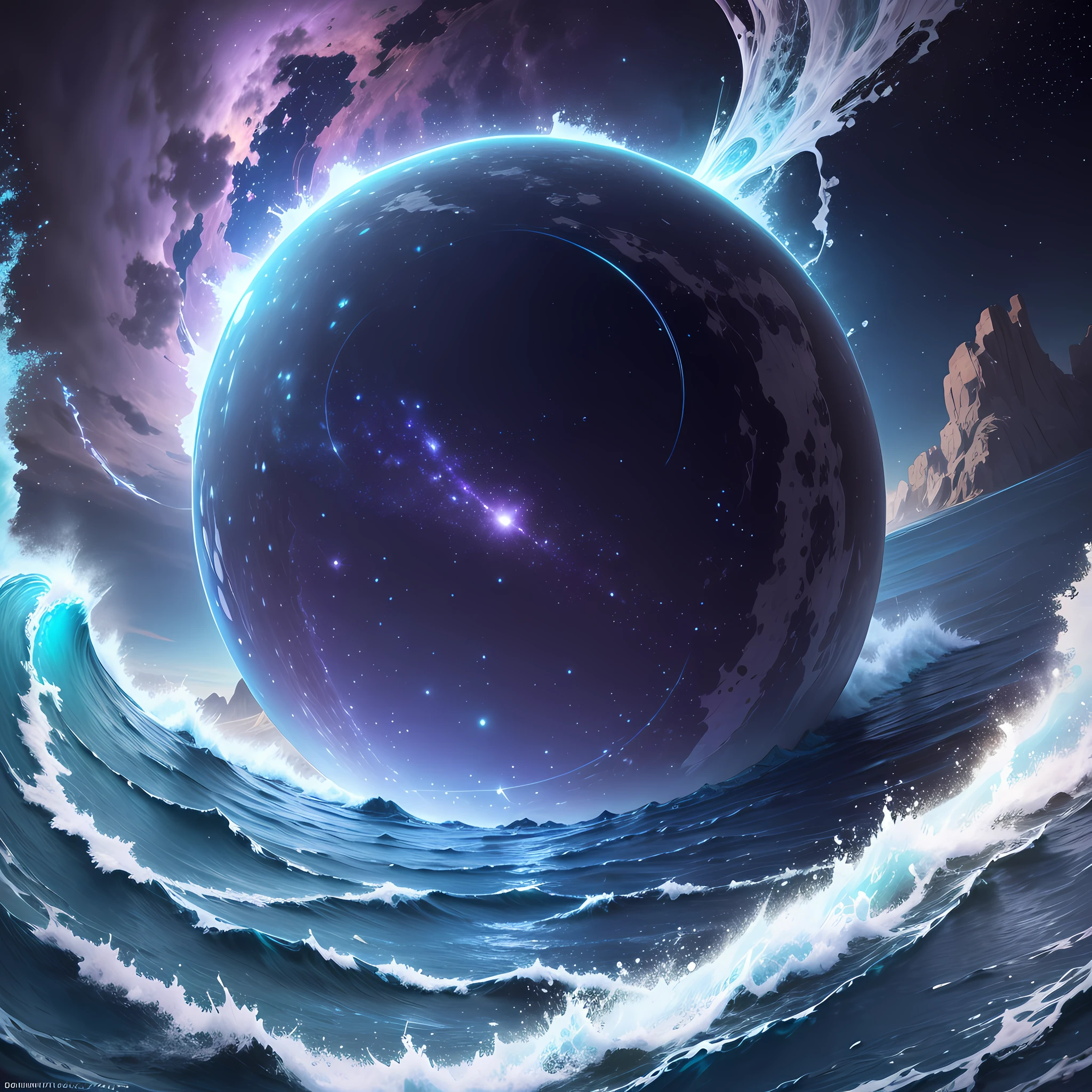 smooth rolling waves of (blue ocean) on alien planet, beautiful transparent water, night, gigantic fish jumps from the waves, blotches of irridescent plankton in water, glittering shiny water spray, background is deep purple sky dotted with stars, unknown constellations in the sky, (multiple moons of random colour:1.2), glowing horizon, masterpiece, best quality, detailed 4k wallpaper, award winning art, Bokeh, Depth of Field, HDR, bloom, Chromatic Aberration, extremely detailed, trending on artstation, trending on CGsociety, dramatic --auto --s2