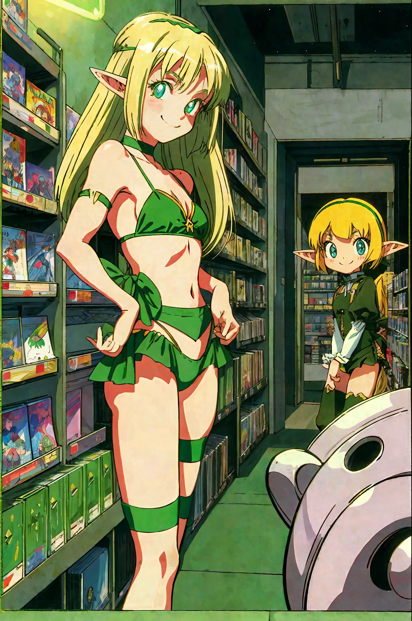 elf child girl blond hair,pointy ears, green bikini,heel sandal,thigh high socks,bend over,smile,1990 clothing,.90s,1990s,game store,video games,shelfs, lights,