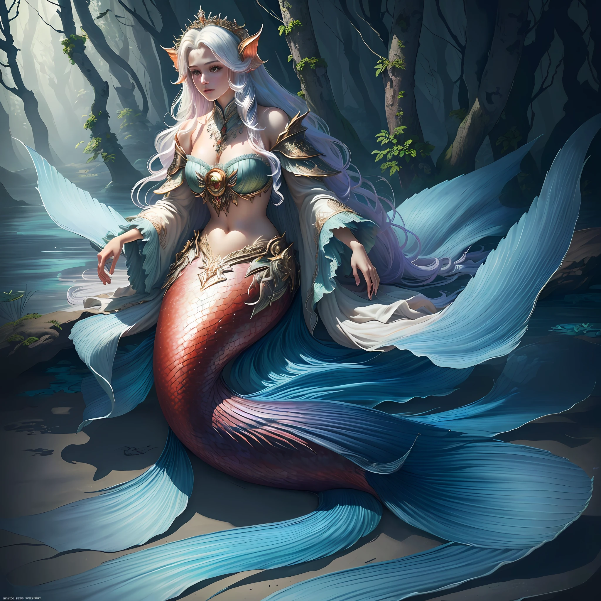 Masterpiece, best quality, (very detailed CG unified 8k wallpaper), (best quality), (best illustration), (best shadow), realistic lighting, full body shot, mermaid portrait, fish fin ears, intricate, elegant, very detailed, handsome, very detailed, claws, in the forest, blood, rags, beautiful face, dreamy, medieval, beautiful detailed light