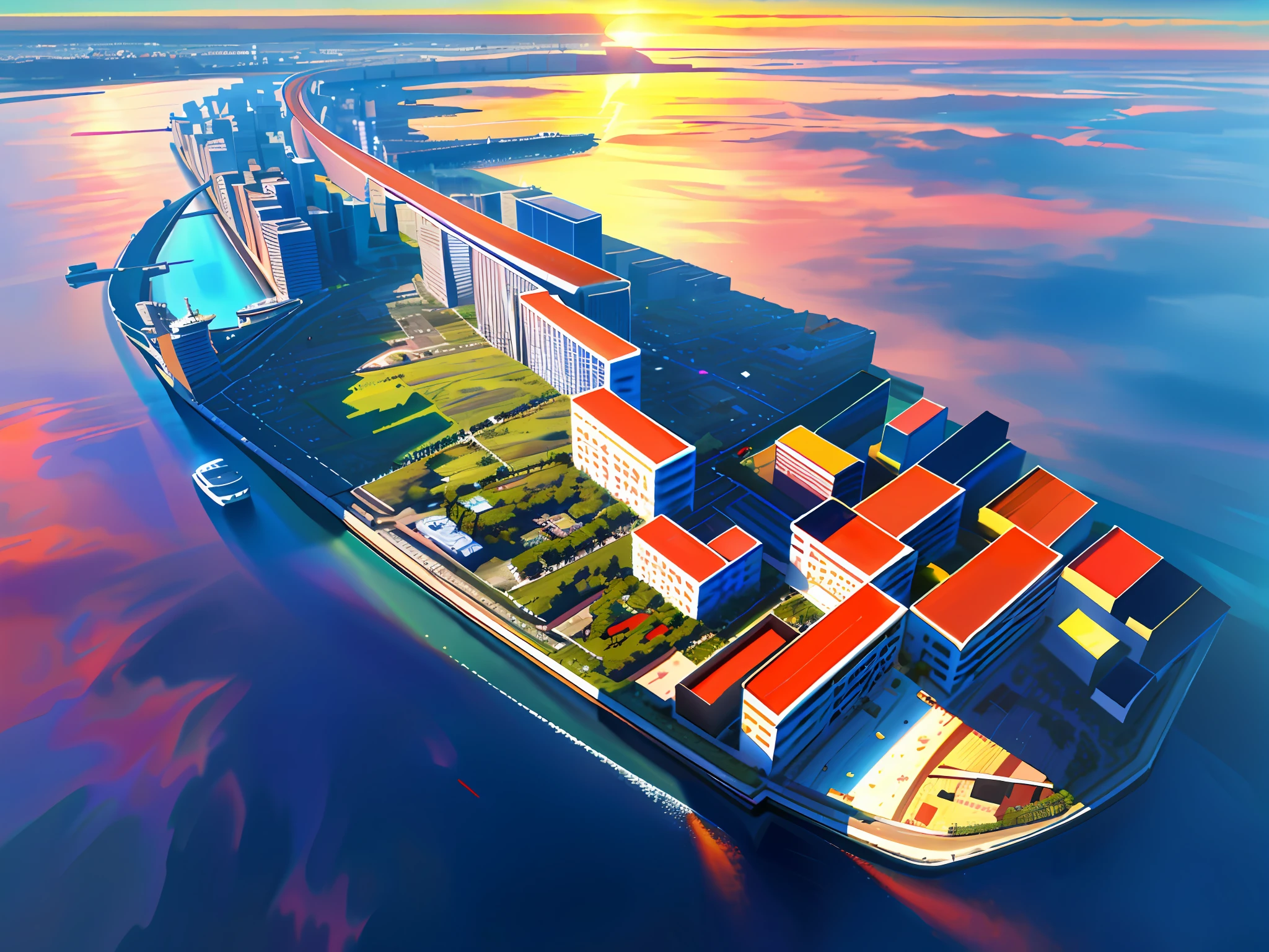 Photography, total area: aerial view of the island of 63000m2, there is no land around, the cluster of skyscrapers covering the island, the scenery of modern city, the harbor of large ships, the beautiful yacht harbor, the whole island has a beautiful white landscape, there are many yachts floating in the sea. Photorealistic, Masterpiece, Best Quality, Ultra Detail, HDR, 8K