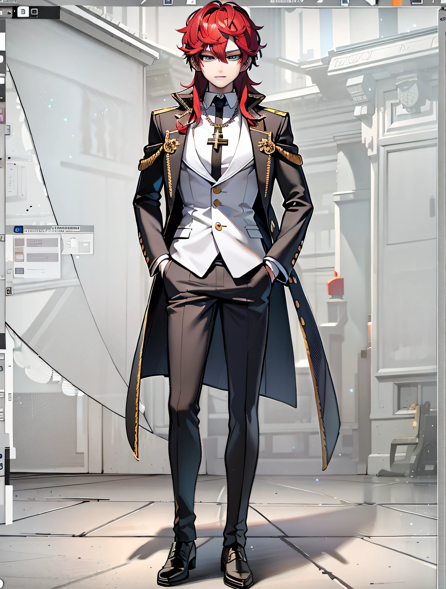 Full Body vtuber, Full Body Portrait, Clear Face, Best Quality Masterpiece, Male, Looking at Viewers, Stand and Looking Directly at Viewers, Solo, Blue Eyes, Coat, Red Hair, Long Hair, Cross Necklace, Full Body Portrait, ((8k , RAW Photo, Top Quality, Masterpiece), Professional Photo, (Best Shadow), Ultra High Definition, Cinematic Light, High Detail CG Includes 8K Wallpapers, Whole Body,