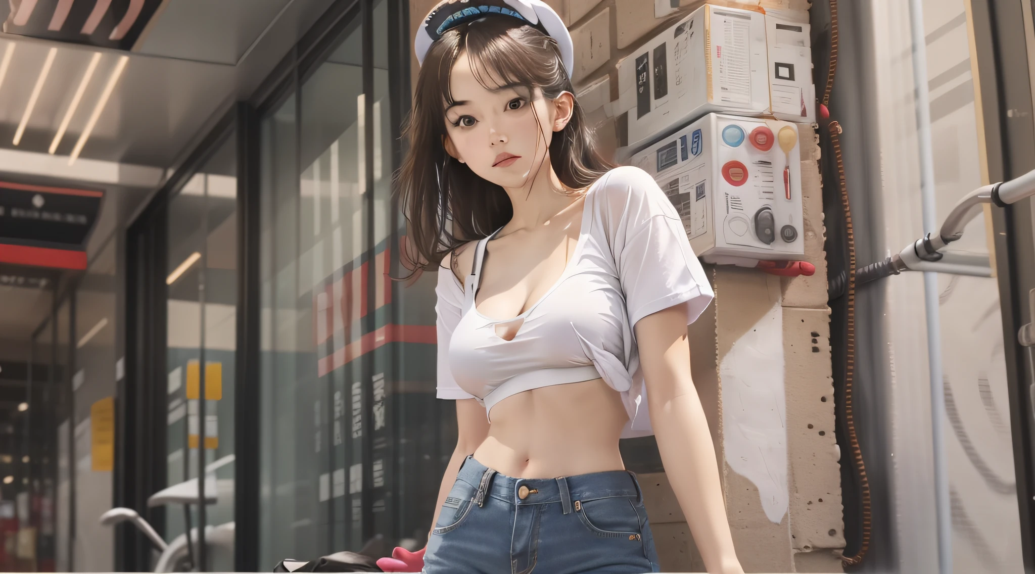 Girl posing for photo with white bra and tight denim, with cropped t-shirt, bra and streetwear, slim figure, smaller bust, slim girl model, 24 year old female model,