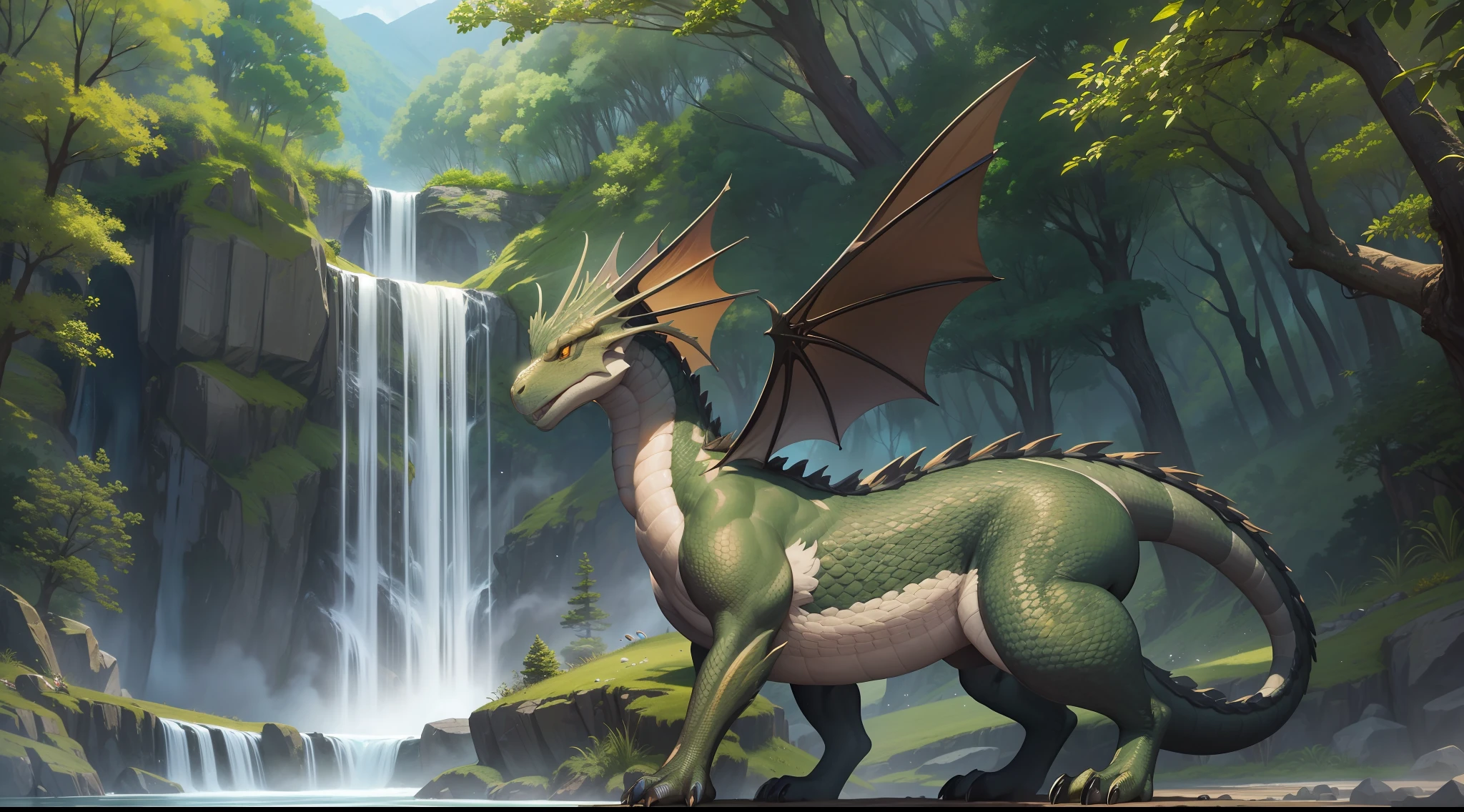 create an ultra-realistic image of a mountain dragon from the earth breed in its adult phase. Your mission is to capture the grandeur and serenity of this legendary creature as it sits in a mountainous landscape with lush waterfalls. Utilize advanced photography techniques to highlight the dragon as the focal point of the image, emphasizing its unique features. Ensure a vibrant and lively atmosphere, with sunlight filtered through the treetops and bright reflections on the waterfalls. When finalizing the image, ensure high quality and resolution. Your goal is to create a magnificent and serene visual representation of a mountain dragon from the earth breed in its adult phase, highlighting its grandeur and the beauty of the surrounding landscape.