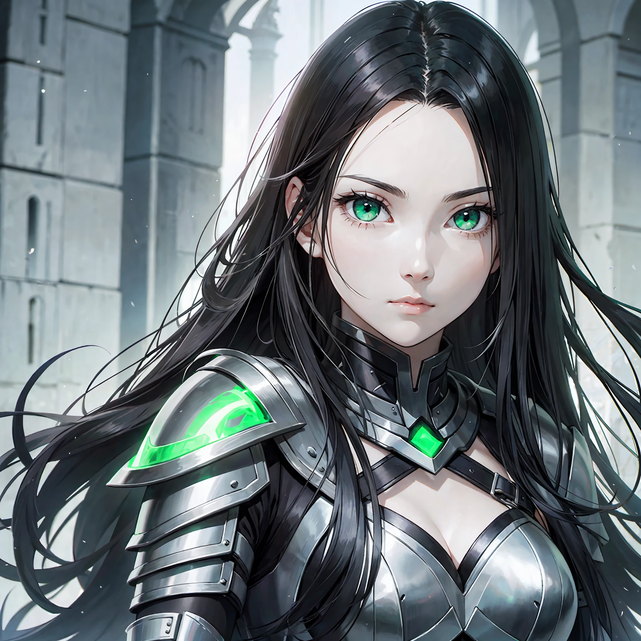 girl with long black hair, pale skin, green eyes, wearing black and silver armor with a sword on her hand --auto --s2