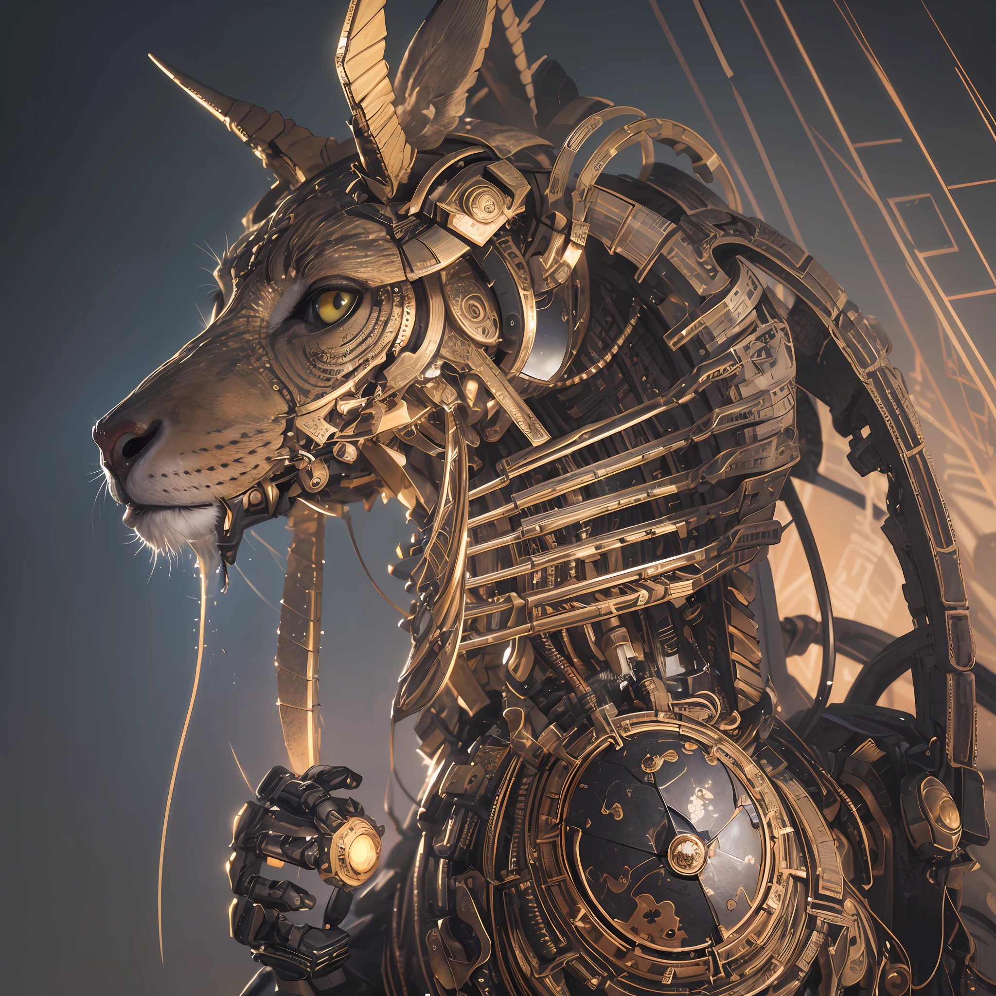 1mwnino mechanical, (((ultra realistic details)), portrait, global lighting, shadows, octane render, 8k, ultra sharp, metal, intricate, detailed ornaments, cool colors, egyptian detail, highly intricate details, realistic light, trend in cgsociety, bright eyes, front camera, neon details, mechanical limbs, blood vessels connected to tubes, mechanical vertebra attaching to the back, mechanical cervial attaching to the neck, sitting, wires and cables connecting to the head --auto --s2
