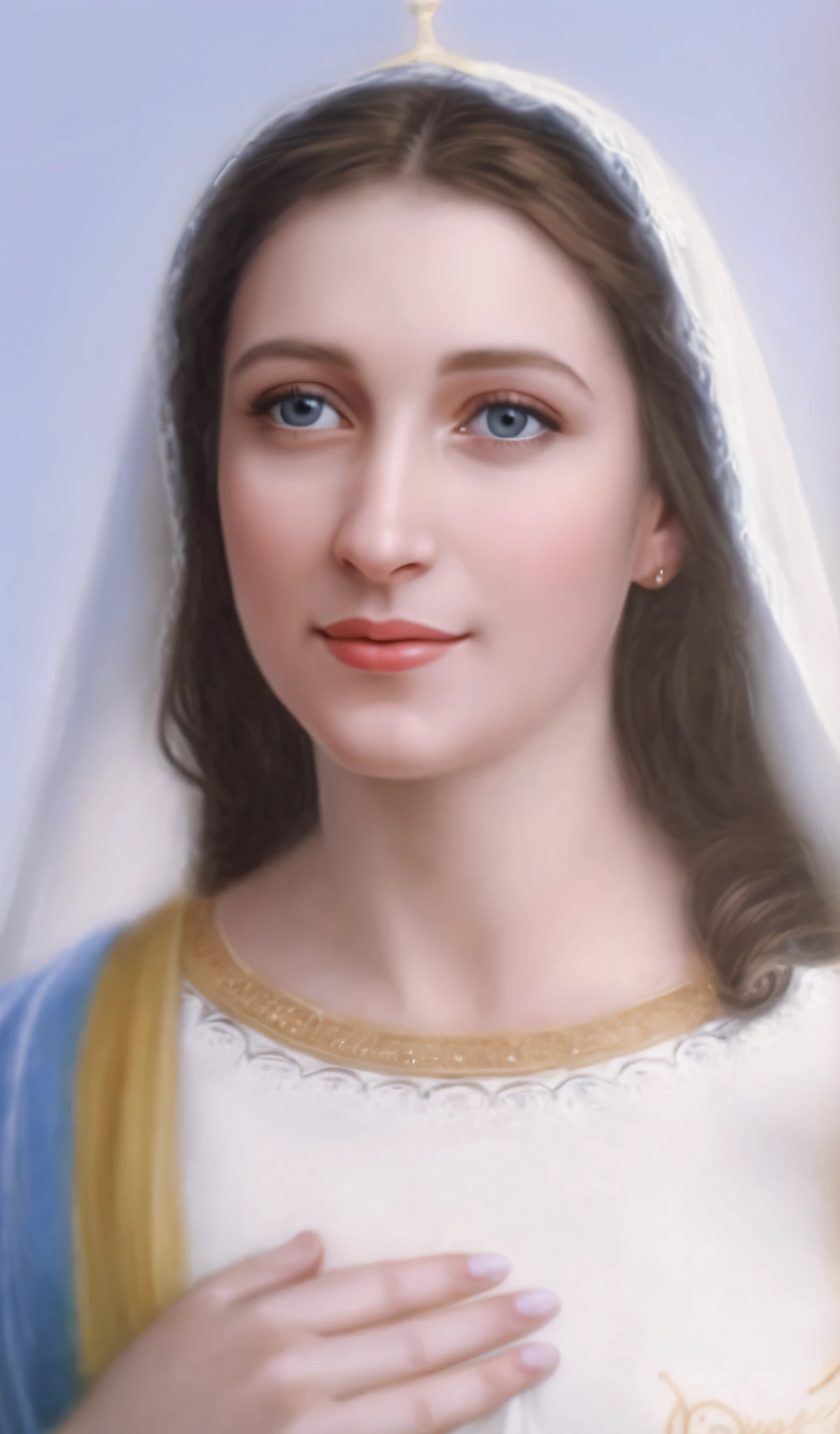 Realistic image of Virgin Mary, beautiful representation, portrait of the Queen of Heaven, Belle painting, detailed portrait of Madonna, white veil covering black hair, serene look, clear eyes, slight smile, looking forward, hands on chest