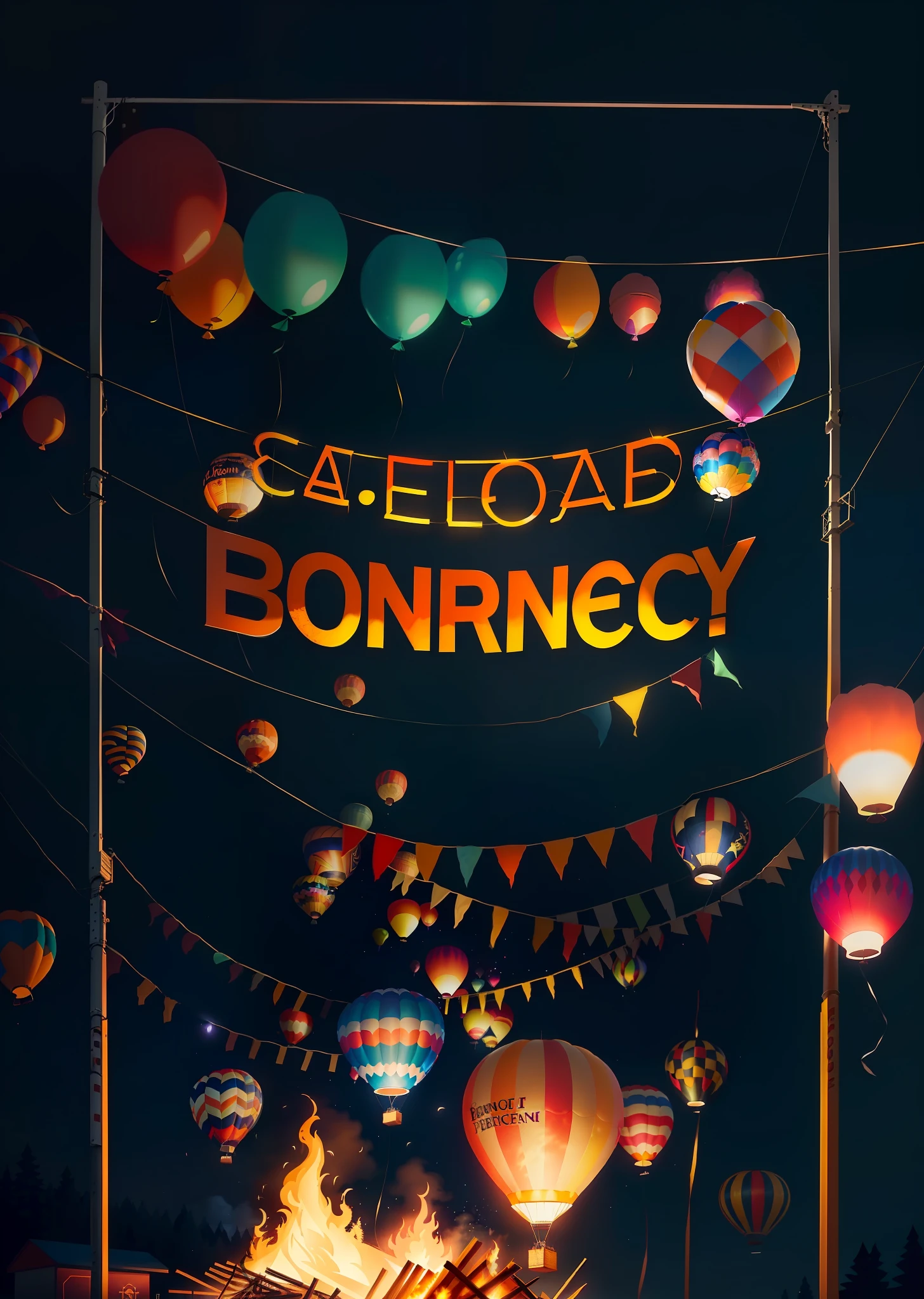 there is a bonfire with balloons and a sign that says bonfire, behance contest winner, summer festival night, festival. scenic view at night, poster illustration, official artwork, boneface, by Emma Andijewska, best of behance, rendering, by Slava Raškaj, by Boris Vladimirski, bohek, art contest winner on behance