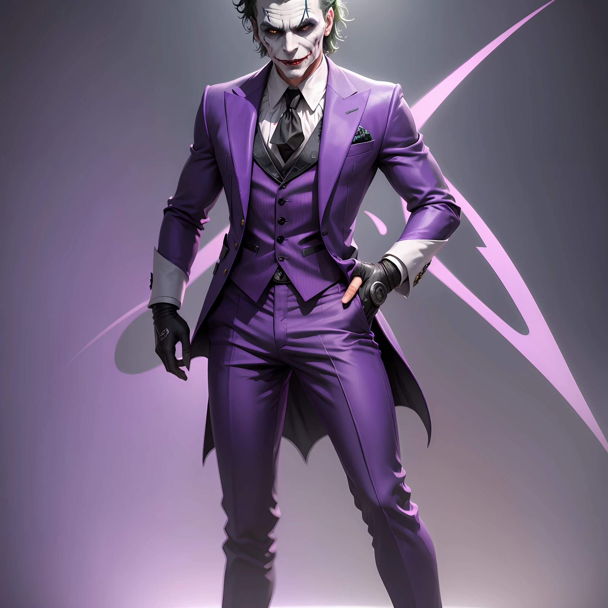 Create the Joker, with a purple suit, full body, with cinematic light, 8K resolution, Cinematic, PS5, high quality, ultra realistic, realism, detailed face, skin texture --auto --s2