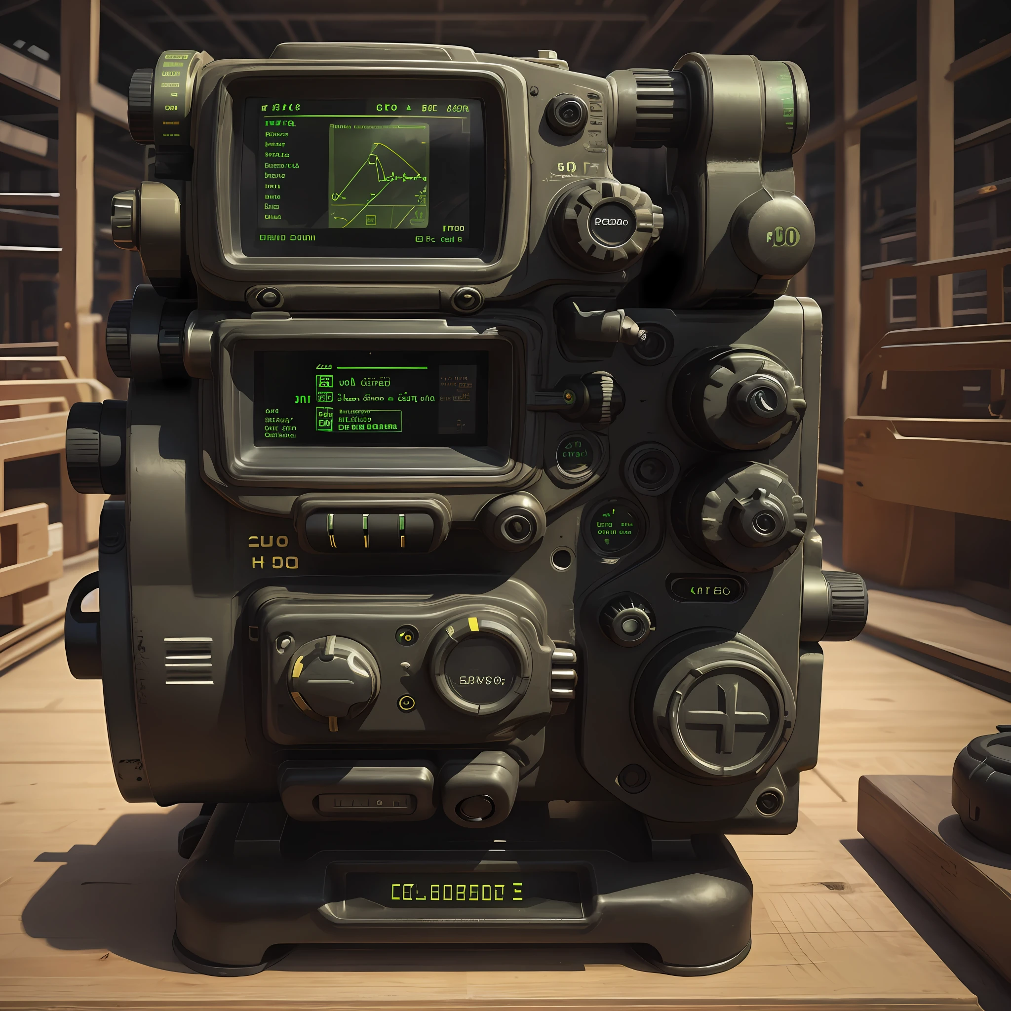 Photo of pipboy3000 in an ultra detailed stand, high quality, best quality, 4k, 8k, front view