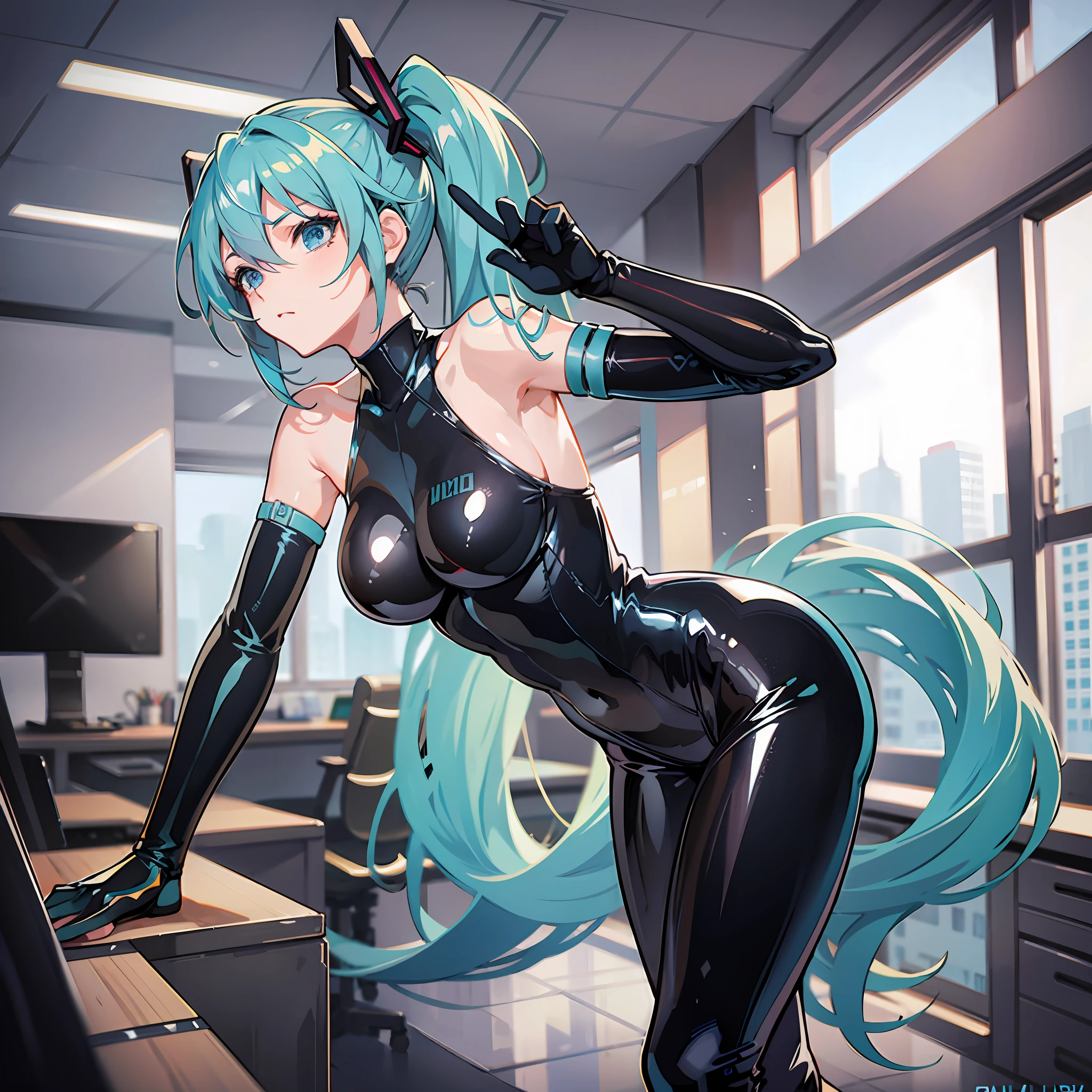 Hatsune miku, blue hair, blue suit, latex pants, agent outfit, dynamic pose, looking forward, aldulta, serious, blue eyes, Inside an office, latex bodysuit