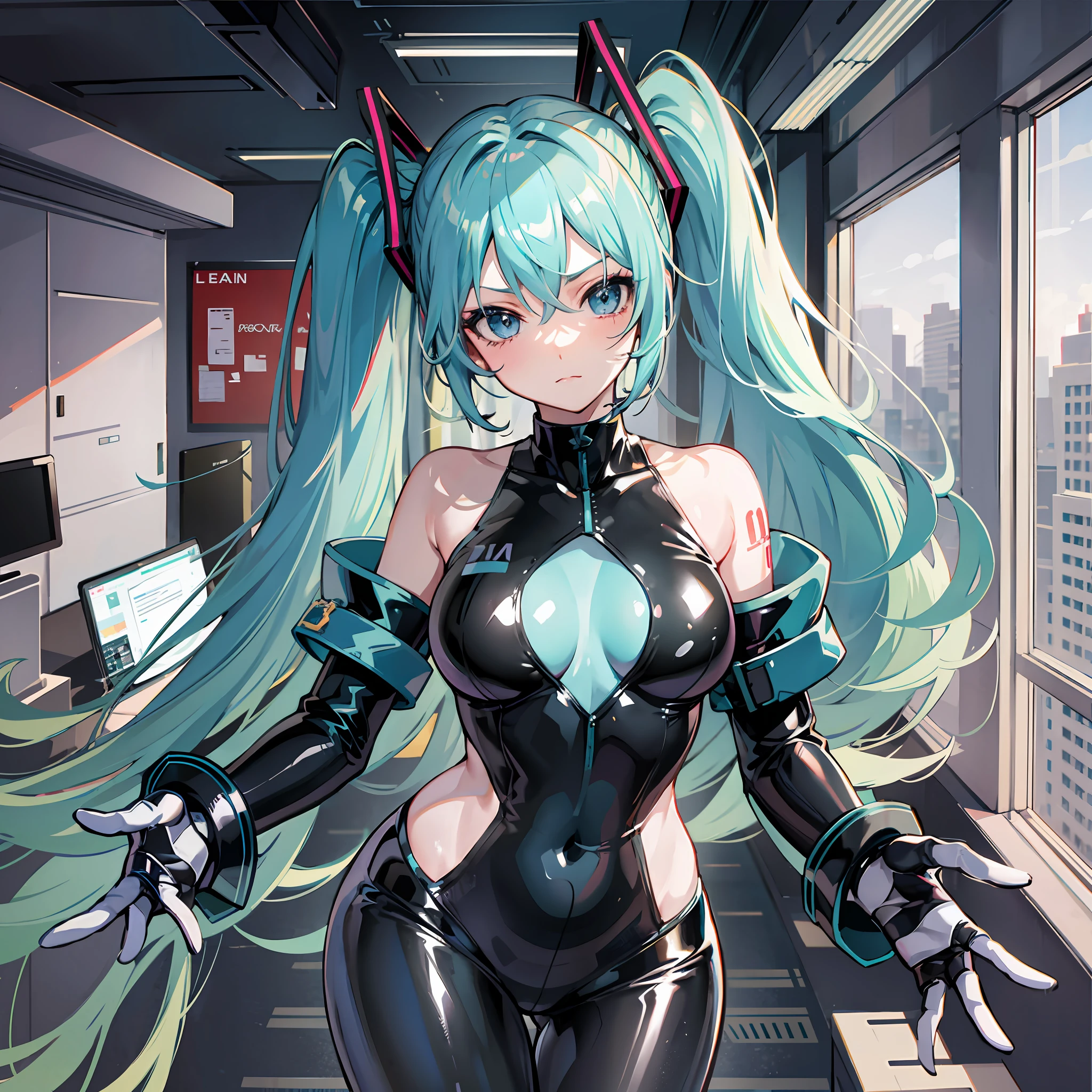 Hatsune miku, blue hair, blue suit, latex pants, agent outfit, dynamic pose, looking forward, aldulta, serious, blue eyes, Inside an office, latex ????????