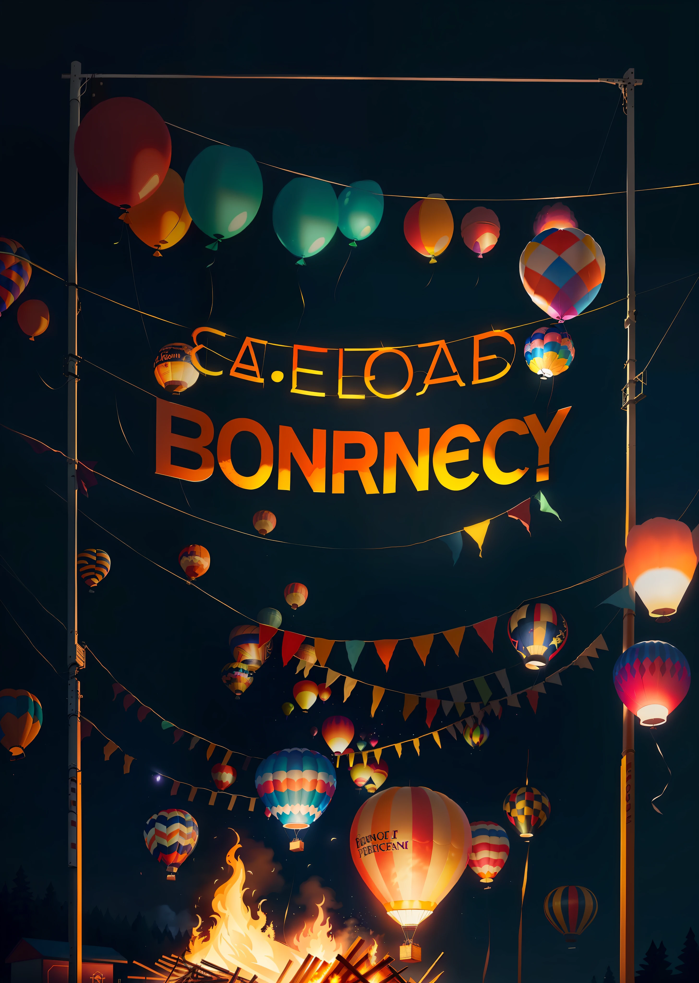there is a bonfire with balloons and a sign that says bonfire, behance contest winner, summer festival night, festival. scenic view at night, poster illustration, official artwork, boneface, by Emma Andijewska, best of behance, rendering, by Slava Raškaj, by Boris Vladimirski, bohek, art contest winner on behance