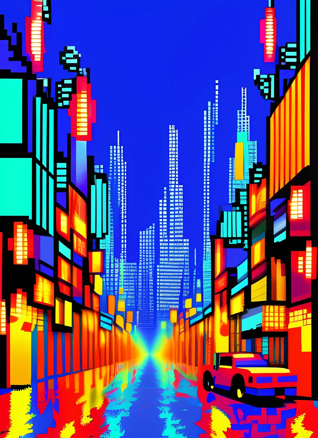 stylized pixelart on a rainy night day with tall buildings, people on the streets with dark lights in the city.