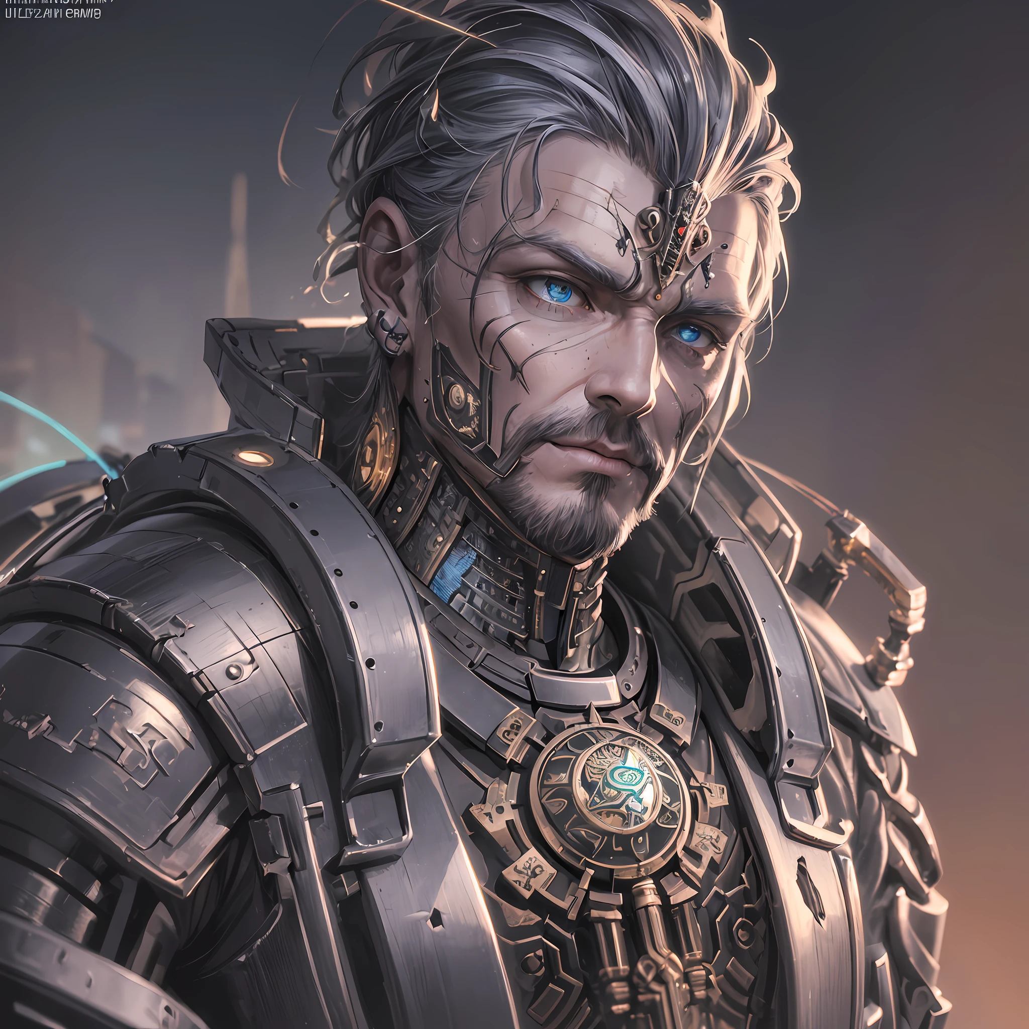 Man mechanical viking face, (((ultra realistic details)), portrait, global lighting, shadows, octane render, 8k, ultra sharp, metal, intricate, detailed ornaments, cool colors, egyptian detail, highly intricate details, realistic light, trend in cgsociety, bright eyes, front camera, neon details, mechanical limbs, blood vessels connected to tubes, mechanical vertebra attaching to the back, mechanical cervial attaching to the neck, sitting, wires and cables connecting to the head --auto --s2