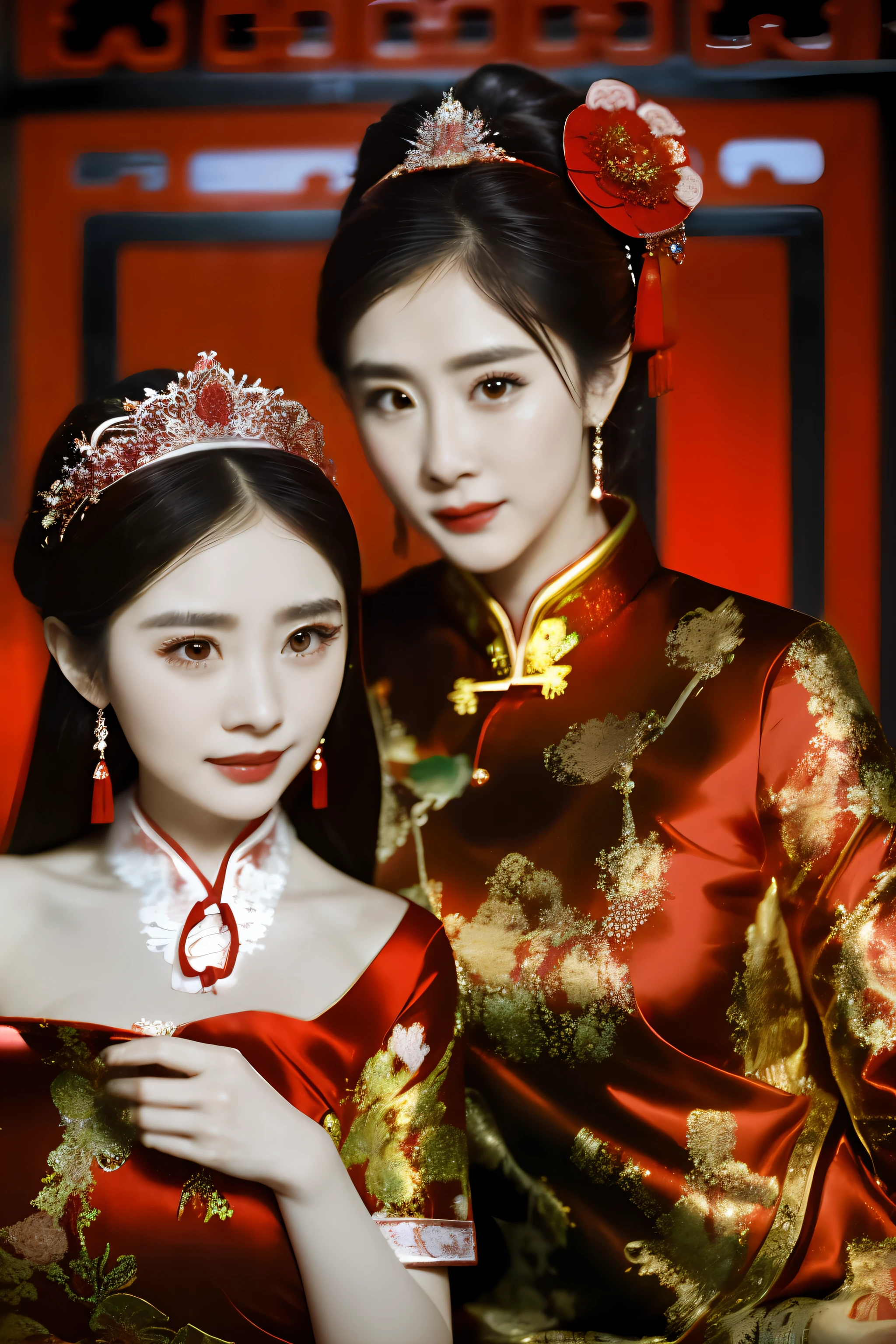 Chinese style, classical beauty, bride, red wedding dress, lantern, big red quilt, very beautiful facial features, detailed facial features, big eyes, double eyelids, slight smile