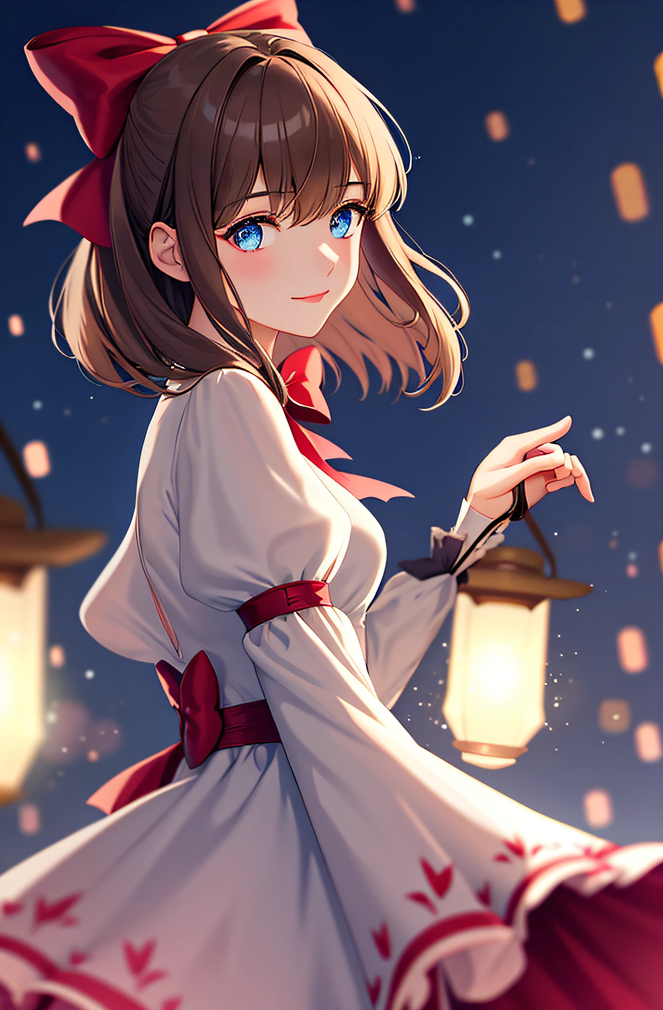 (extremely delicate and beautiful:1.2),1girl, bangs, blue eyes, blurry, blurry background, bow, brown hair, closed mouth, from side, hair between eyes, hair bow, lantern, light particles, long sleeves, looking at viewer, medium hair, night, red bow, solo, star \(symbol\), upper body,smile,red lips