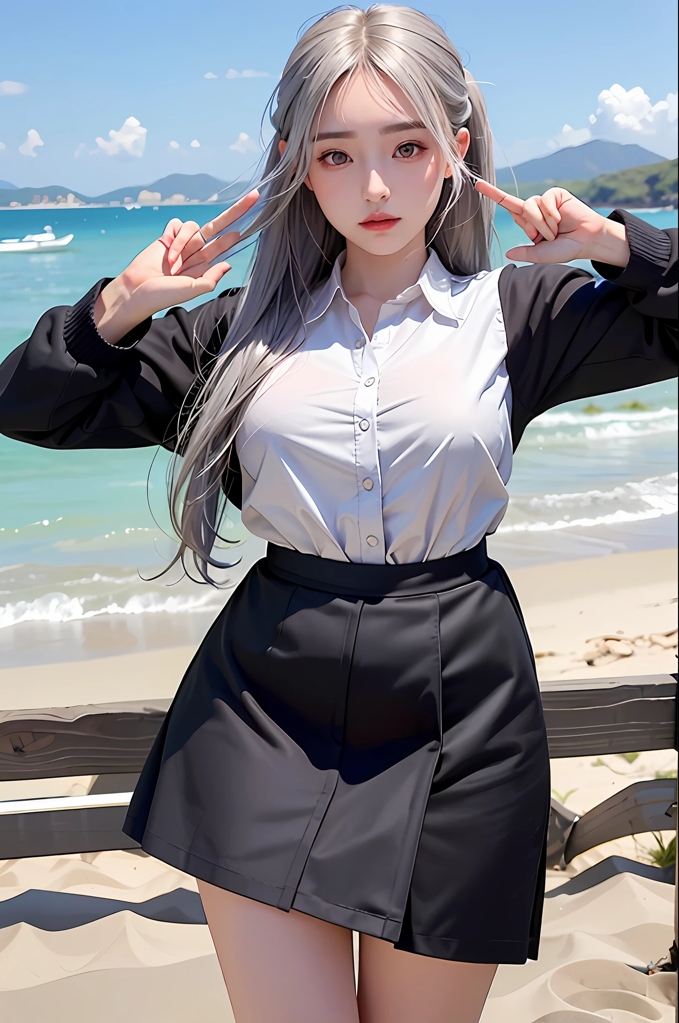 photorealistic, high resolution, 1 girl, gray hair, korean, heterochromic eyes, small moles under eyes, big, blonde, beach, outdoor, one side up, huza, black skirt, wharf, school uniform, 25 years old