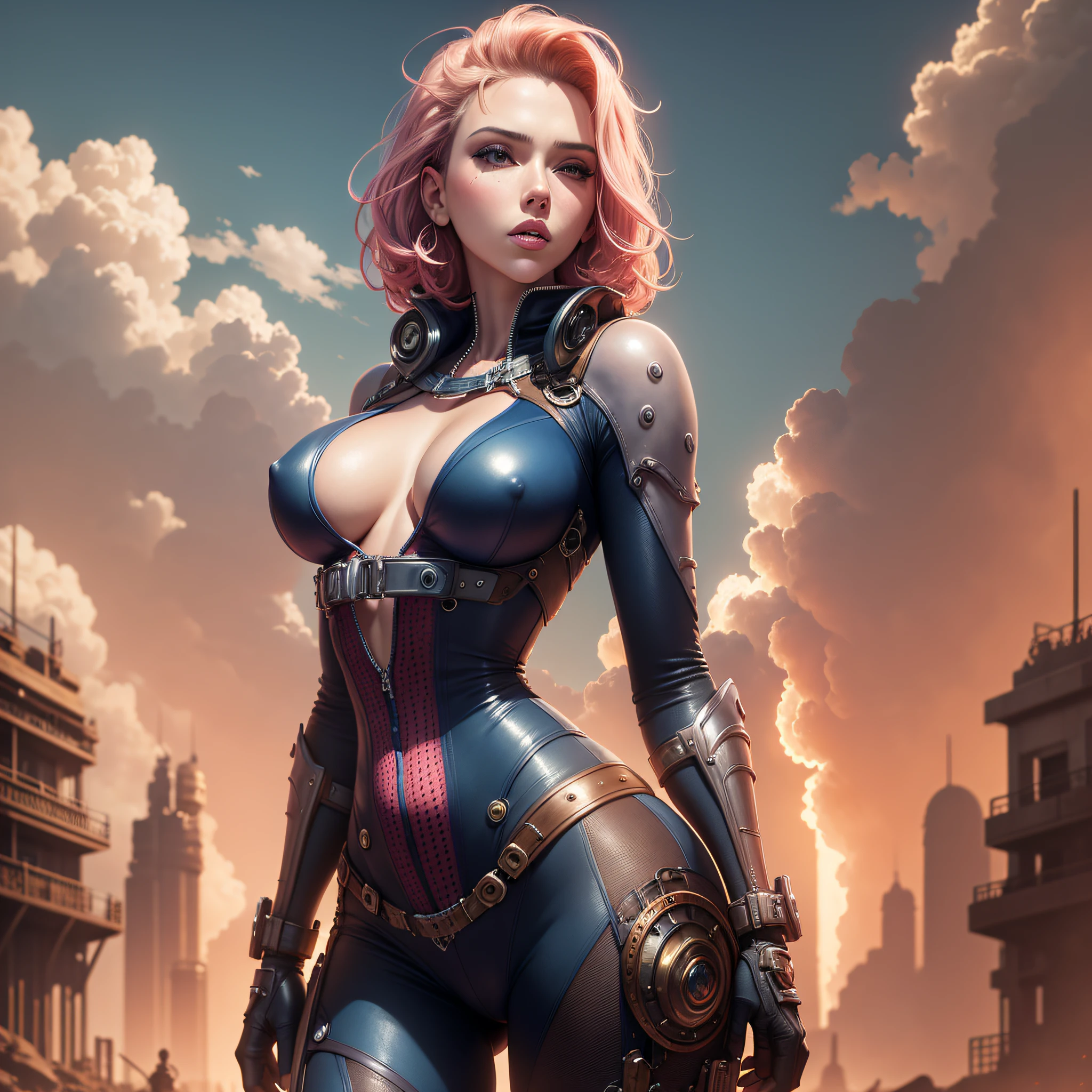 Scarlett Johansson beautiful alien sky like bright swimsuit of color, slender physique, full length, beautiful figure, tight bikini, steampunk clothing, steampunk style, super detailed, alien beach, professional photo, pubic area clearly visible, protruding --auto --s2