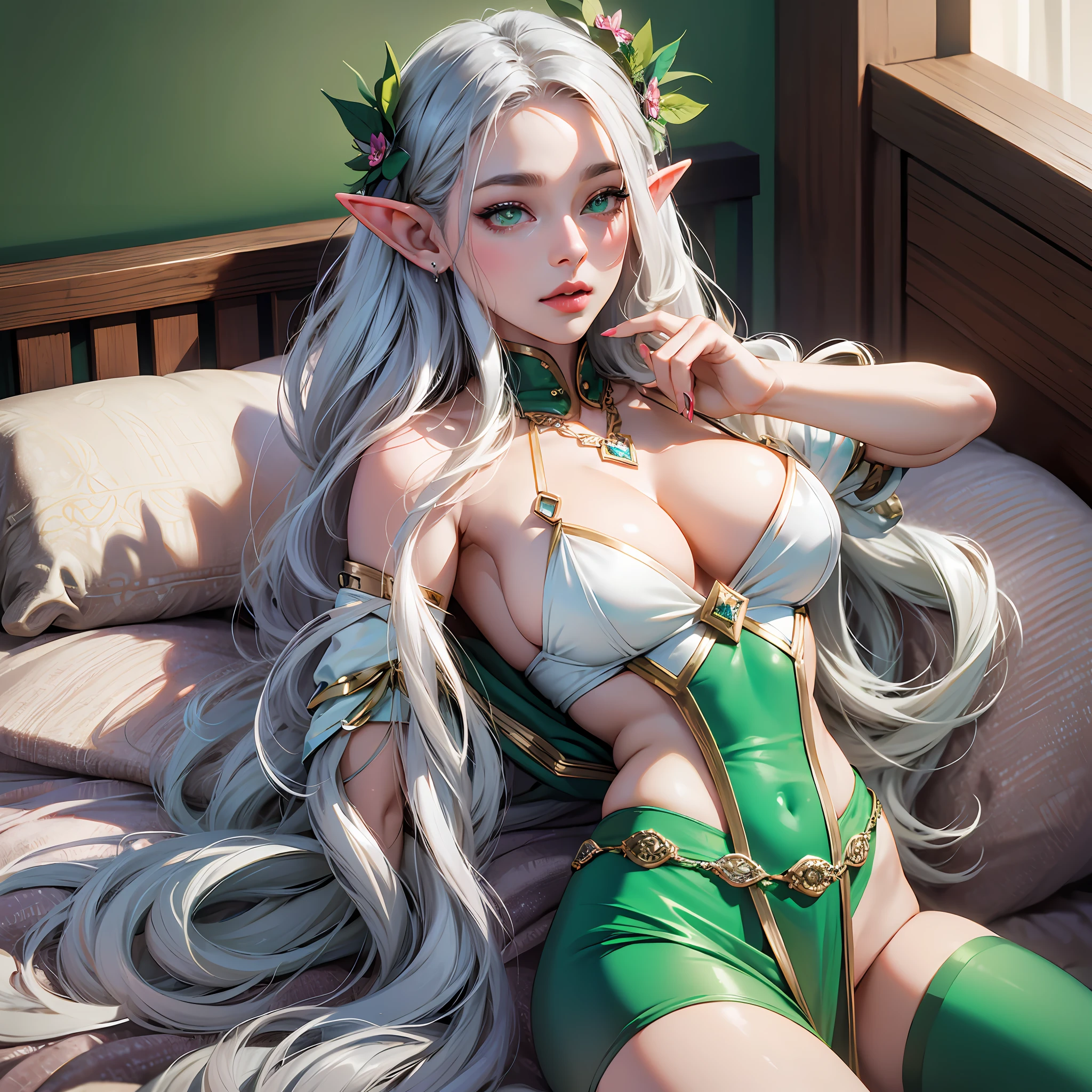 Elf sexxy brunette good quality 4k, silver hair Auta resolution 4k, sexy clothes 4k, big ass, big breasts half to show 4k, high marking 4k, bright green eyes 4k, green fingernails 4k, children and eyeshadow 4k, in sexxy position, in bed 4 in 4k --auto --s2