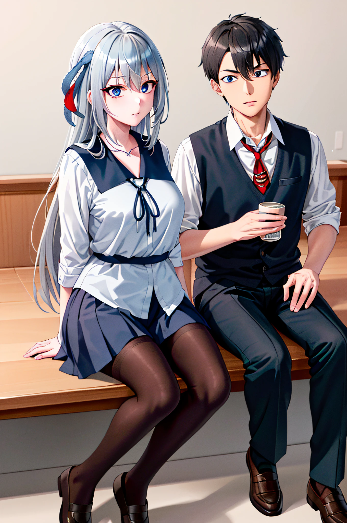 (((masterpiece))), (((best quality))), highres, ((((1girl she has gray hair with blue eyes and 1boy he has short black hair with red eyes who are classmates)))), ((((They have different hair colors and eyes don't confuse)))), (draws Kei and kiyotaka ayanokoji looking at each other), (2schoolmates who are Kei and kiyotaka ayanokoji looking at each other), (kei1), (1girl), solo, ((((she has blue eyes)))), (she has long hair), (she wears a school uniform), (she has ribbon), (she has bangs), collarbone, she has gray hair, she has black hair band, she has neck ribbon, hair between her eyes, she has medium breasts, cowboy shot, she is looking seriously at kiyotaka ayanokoji, anatomically correct whole body, is inside a school room, is sitting on a bed with her legs together, full detached scenary, (1boy), (kiyotaka ayanokoji), 15-year-old teenager, school uniform white shirt black jacket open jacket red tie long black pants sitting, ((((he has red eyes)))), ((he has short black hair)), anatomically correct whole body, he has a jesus necklace around his neck, normal legs, wears black shoes, (he's looking at Kei1 or the girl), he's sitting in a chair, he's facing Kei, (full detail escenario)