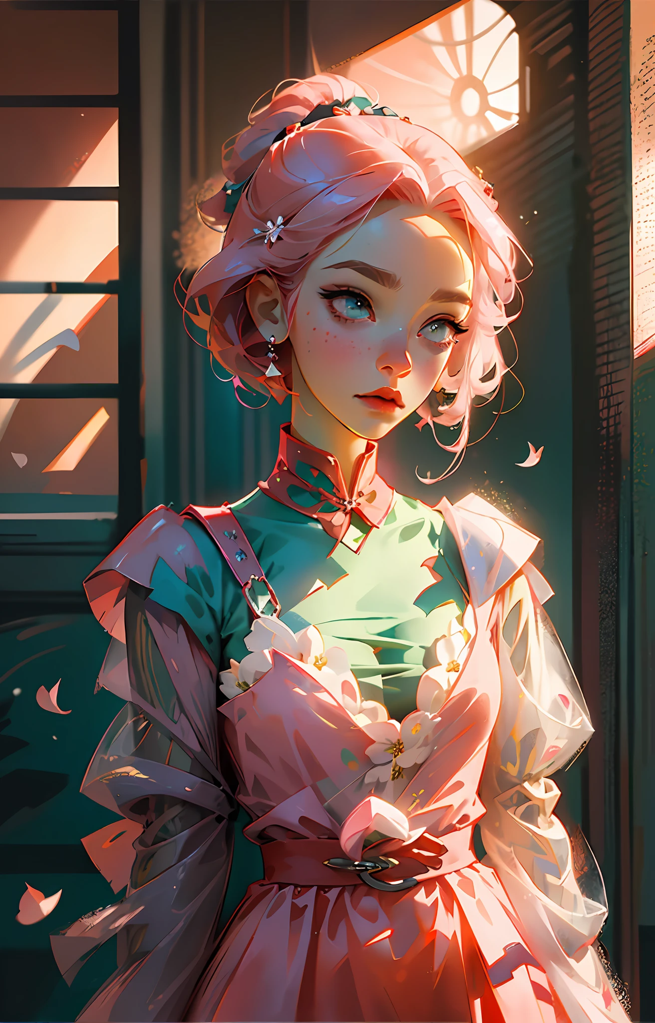 Sakura haruno, ((solo)), alone, princess, wearing a red princess dress, queen, happy, ((forehead to show)), standing, entering the church, pink hair, short hair, delicate, young, short hair, detailed face, high definition, ((full body)), (flowers around her), full body, she is a beautiful woman, face with high quality, beautiful, radiant, pastel tones, high definition,  pastel tones, delicacy, sakura haruno, sakura, pastel tones, beautiful face, sharp strokes, anime, sakura haruno, anime, HD, red dress, red bow in hair,