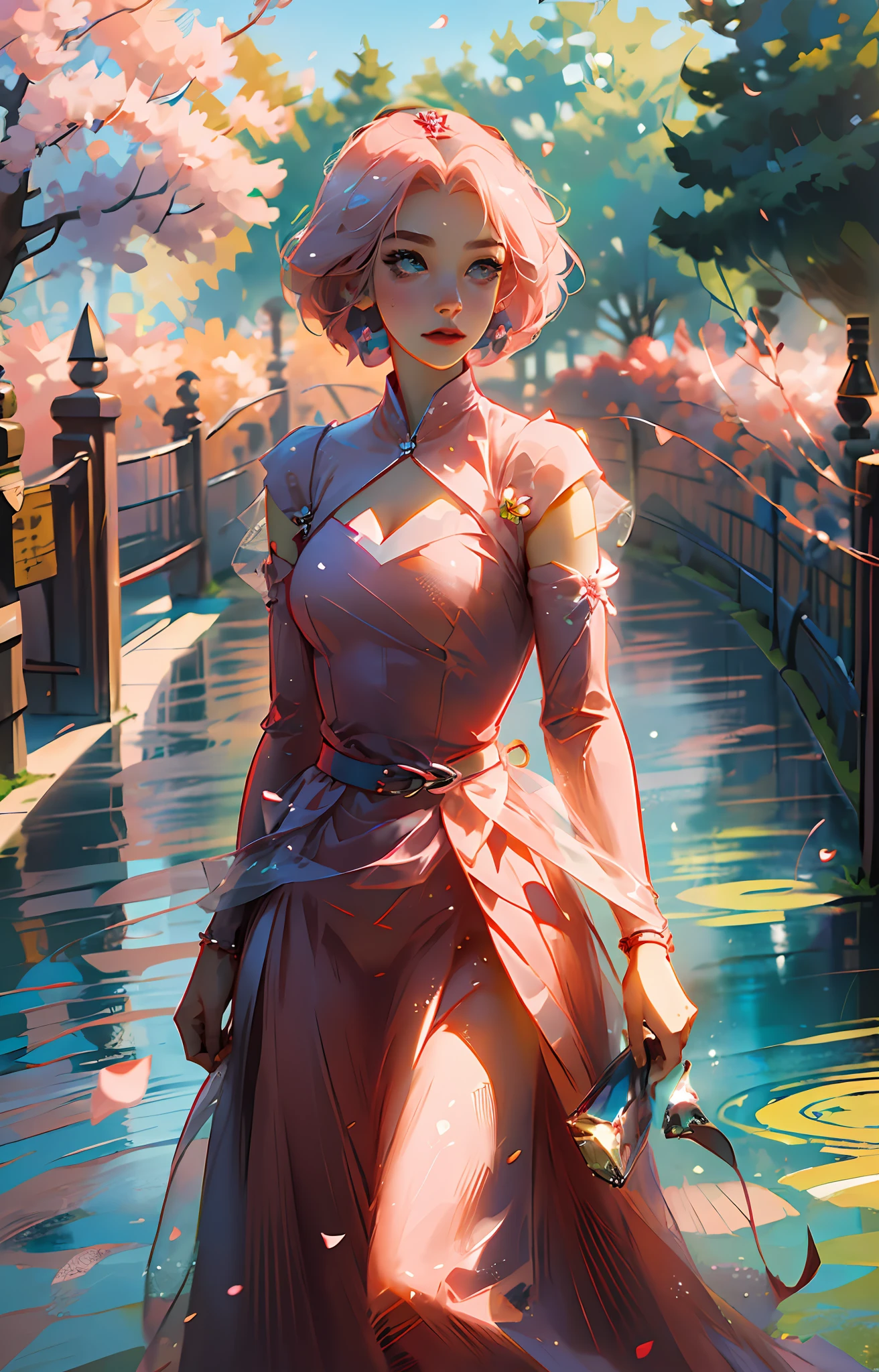 Sakura haruno, ((solo)), alone, princess, wearing a red princess dress, queen, happy, ((forehead to show)), standing, entering the church, pink hair, short hair, delicate, young, short hair, detailed face, high definition, ((full body)), (flowers around her), full body, she is a beautiful woman, face with high quality, beautiful, radiant, pastel tones, high definition, pastel tones, delicacy, sakura haruno, sakura, pastel tones, beautiful face, sharp strokes, anime, sakura haruno, anime, HD, red dress