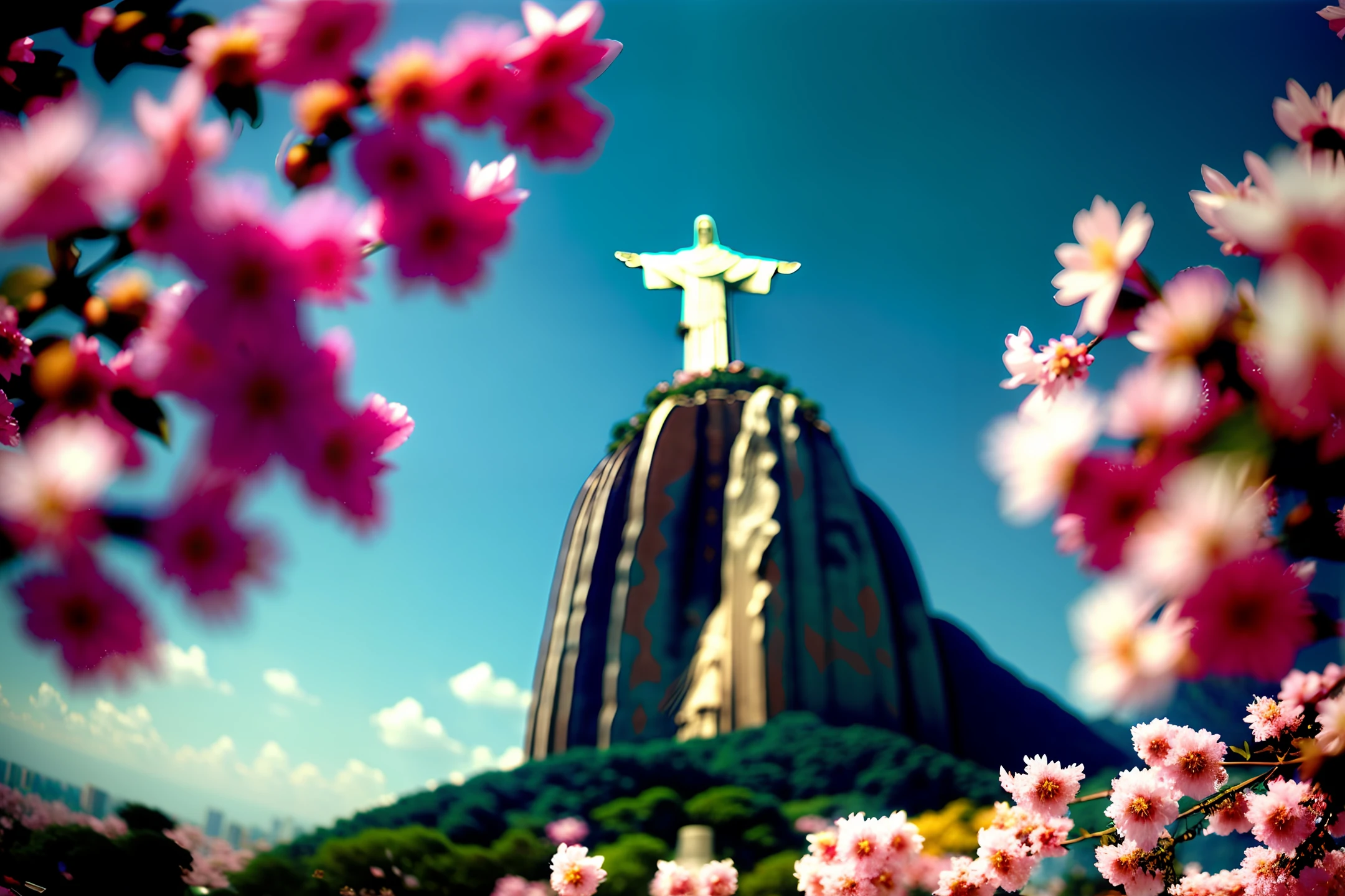 color photo of Christ the Redeemer covered in sakura flowers, day, Nikon D850 with Fujifilm Velvia 50 film and a 70-200mm lens, Terrence Malick, Wong Kar-wai, Sofia Coppola —c 10 —ar 2:3
