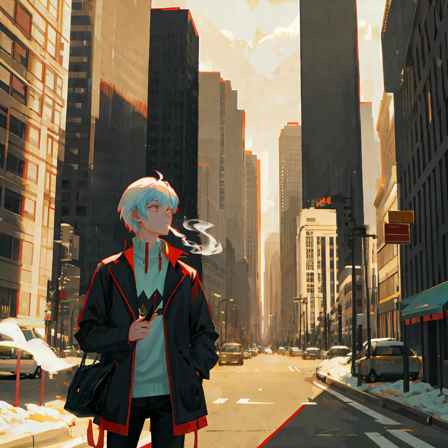 A dragon smoking a cigarette near a building