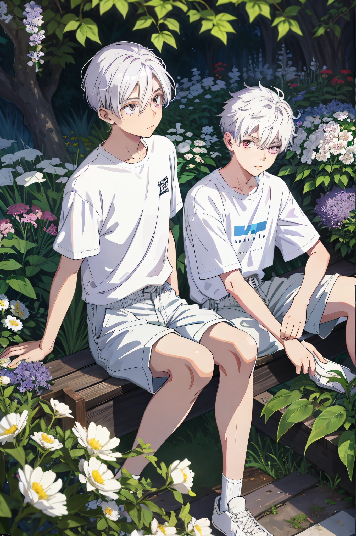 a teenage boy with white messy mid haicut, light skin and red eyes with a mole under the left eye and long eyelashes, in a white shirt and pale purple long shorts, almost knee-deep, with white gaiters. a teenage boy lies on the flowers relaxed in a secret garden, in a large pile of gently purple, white and blue flowers, bushes and grass are a little visible, dew drops flow from the boy, his gaze is directed straight into the camera, his lips are slightly parted