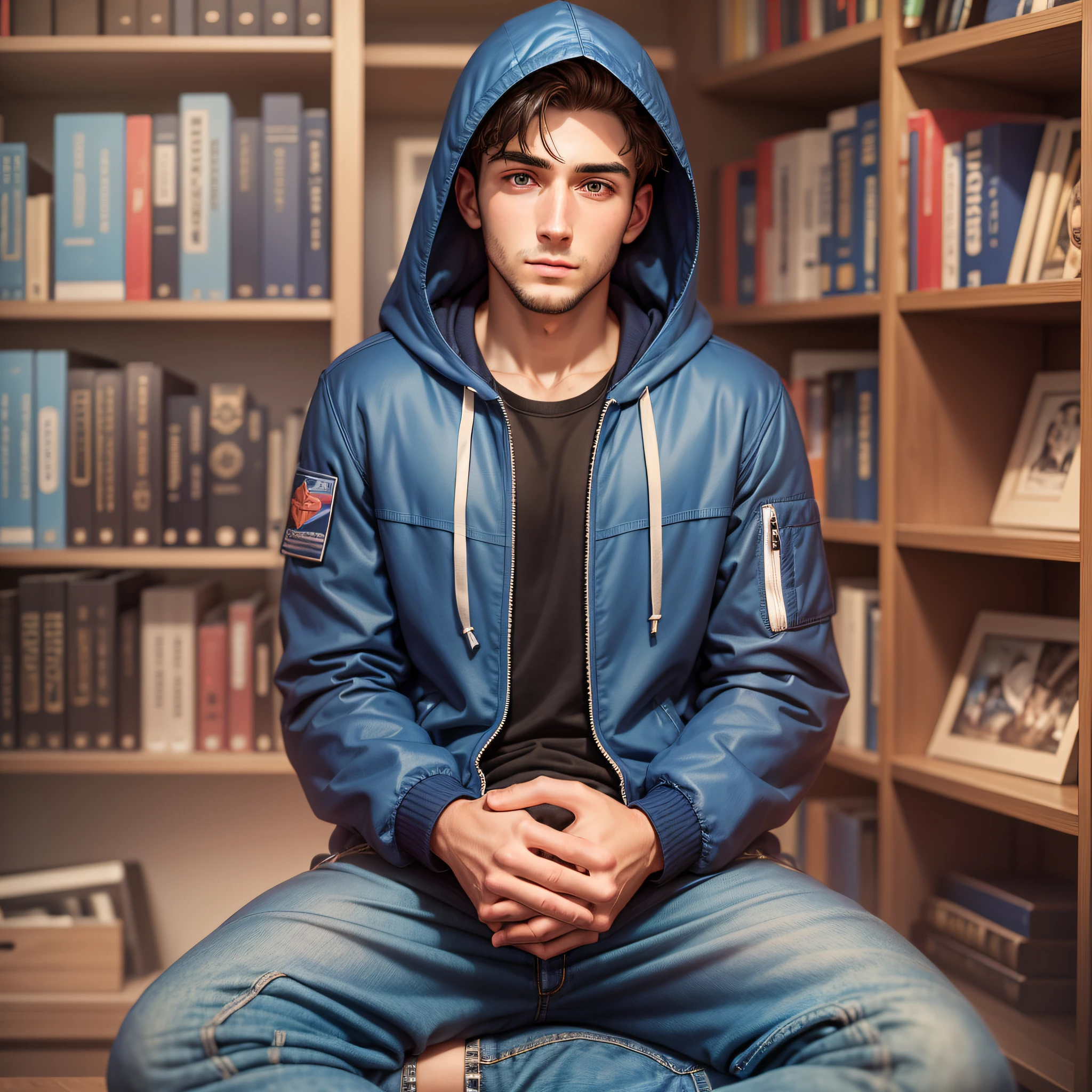 25-year-old man in dark blue jacket with hooded face sitting facing the observer with the background of a room with a bookshelf and an ultra-realistic 4K computer --auto --s2